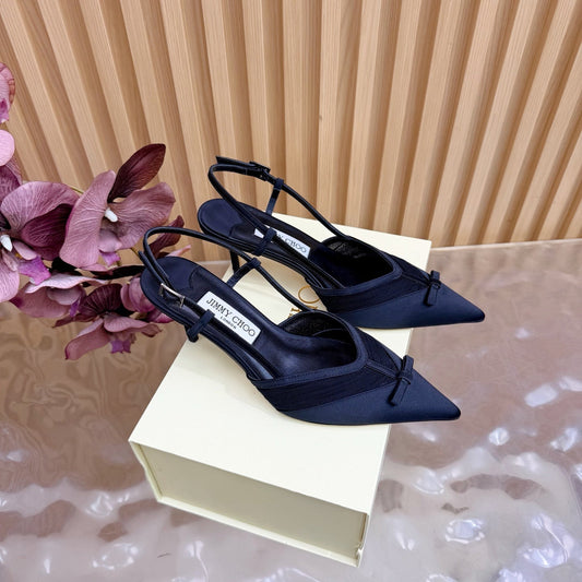 БОСОНІЖКИ-СЛІНГБЕКИ JIMMY CHOO 26S НА ПІДБОРАХ 65 ММ З ЧОРНОЇ СІТКИ ТА АТЛАСУ