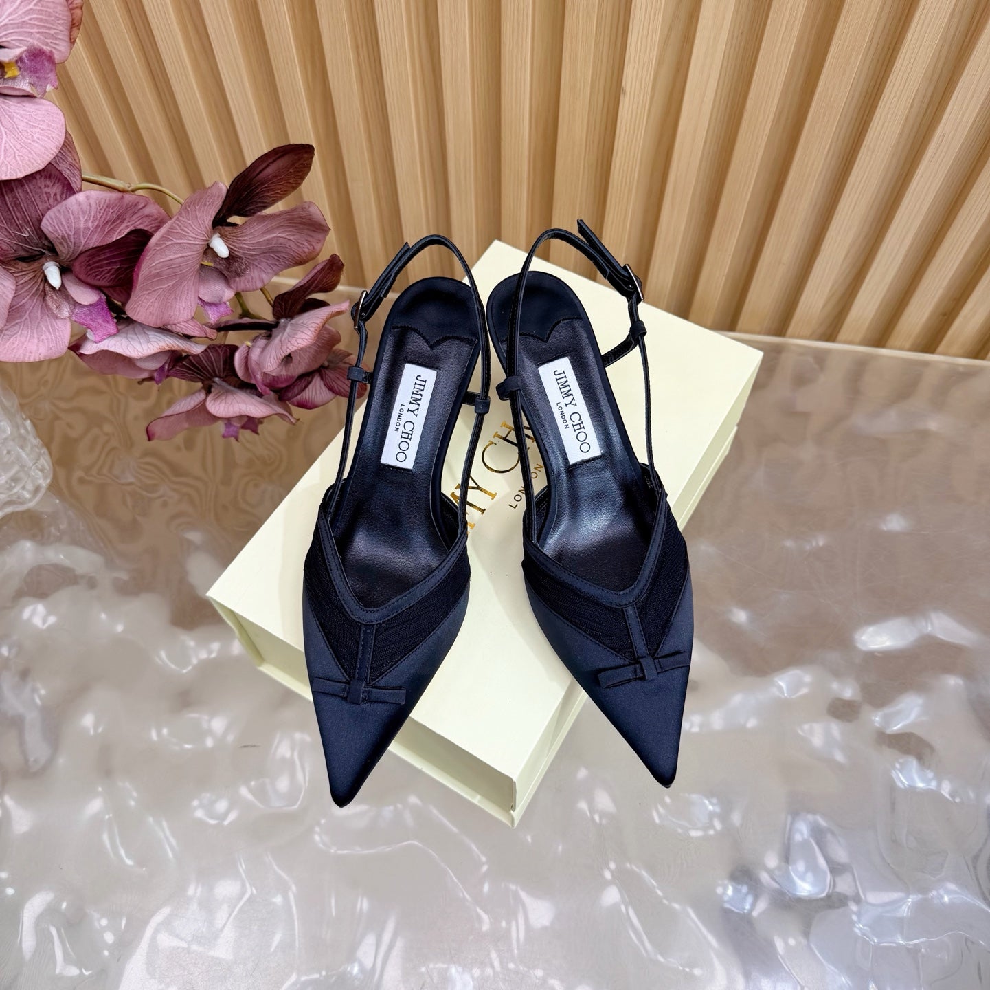 БОСОНІЖКИ-СЛІНГБЕКИ JIMMY CHOO 26S НА ПІДБОРАХ 65 ММ З ЧОРНОЇ СІТКИ ТА АТЛАСУ