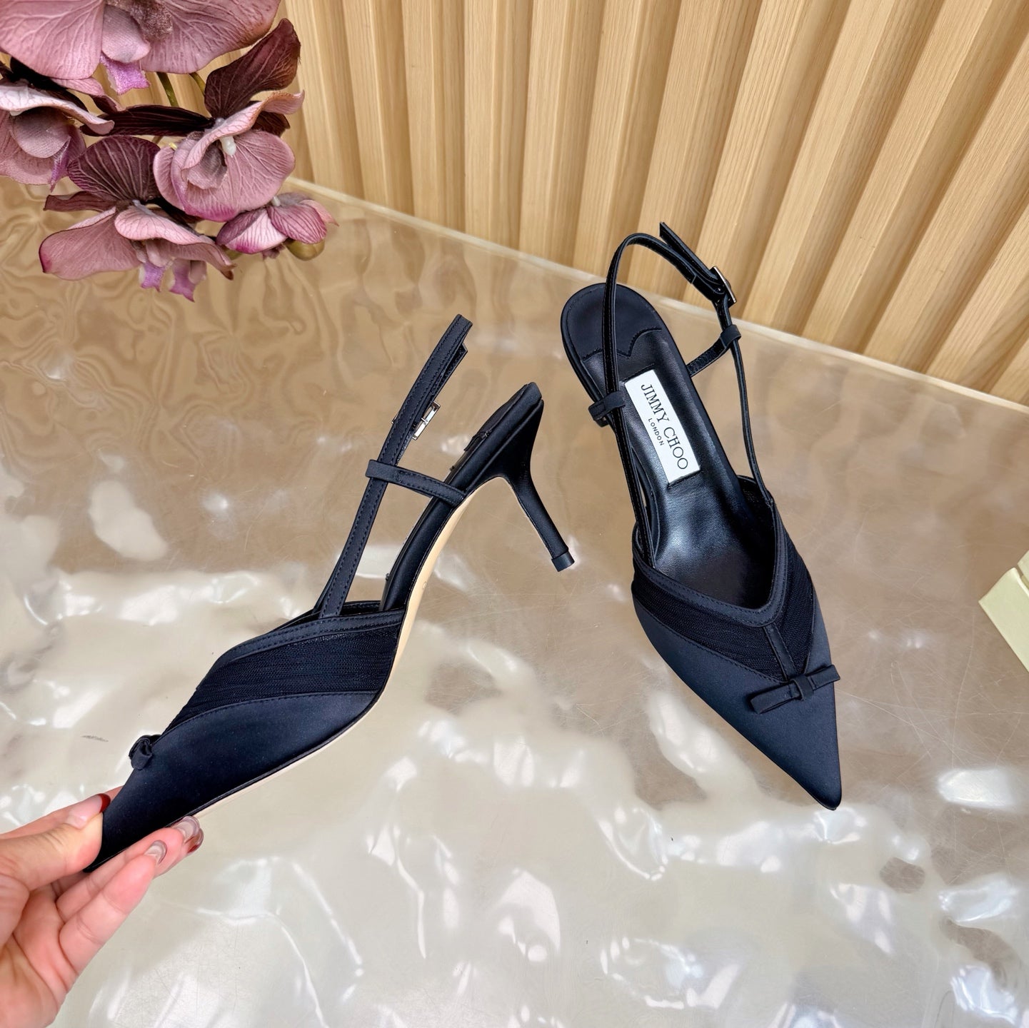 БОСОНІЖКИ-СЛІНГБЕКИ JIMMY CHOO 26S НА ПІДБОРАХ 65 ММ З ЧОРНОЇ СІТКИ ТА АТЛАСУ
