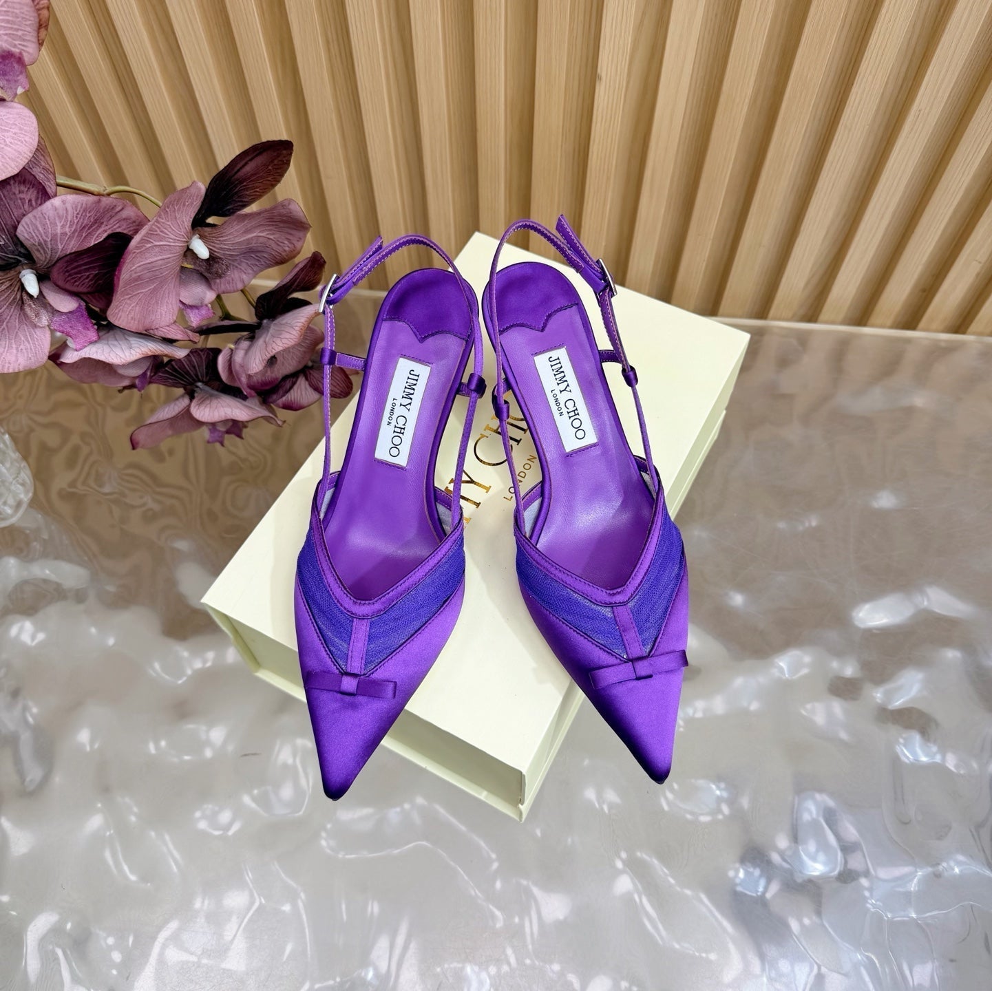 БОСОНІЖКИ JIMMY CHOO 26S СЛІНГБЕК 65 ММ З ТЕМНО-ФІОЛЕТОВОЇ СІТКИ ТА АТЛАСУ