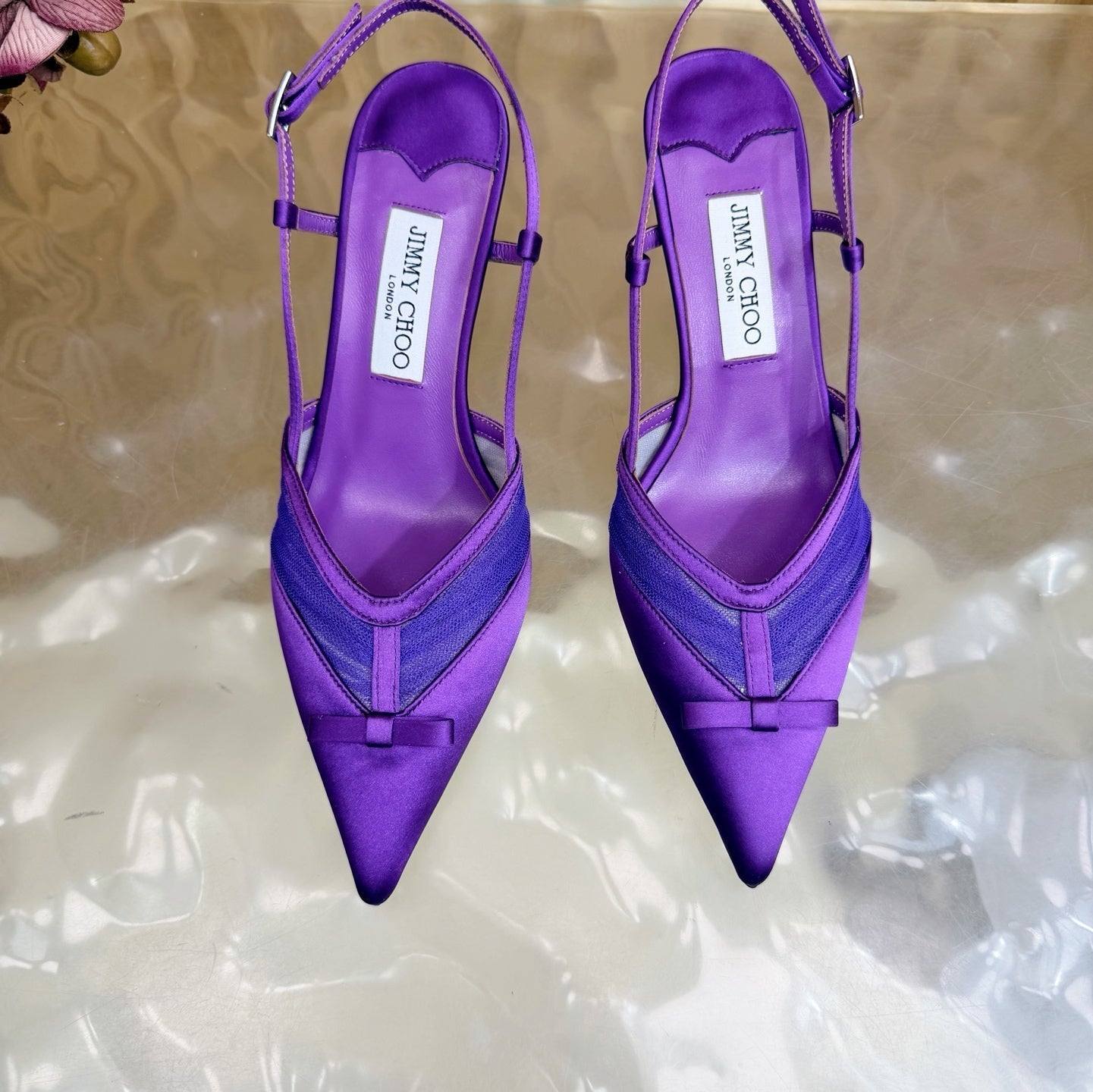 БОСОНІЖКИ JIMMY CHOO 26S СЛІНГБЕК 65 ММ З ТЕМНО-ФІОЛЕТОВОЇ СІТКИ ТА АТЛАСУ