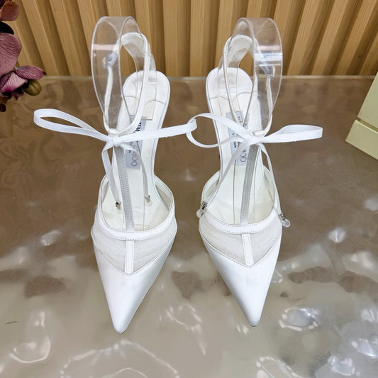 ВИСОКІ ПІДБОРИ JIMMY CHOO 26S, 105 ММ, З БІЛОЇ СІТКИ ТА АТЛАСУ