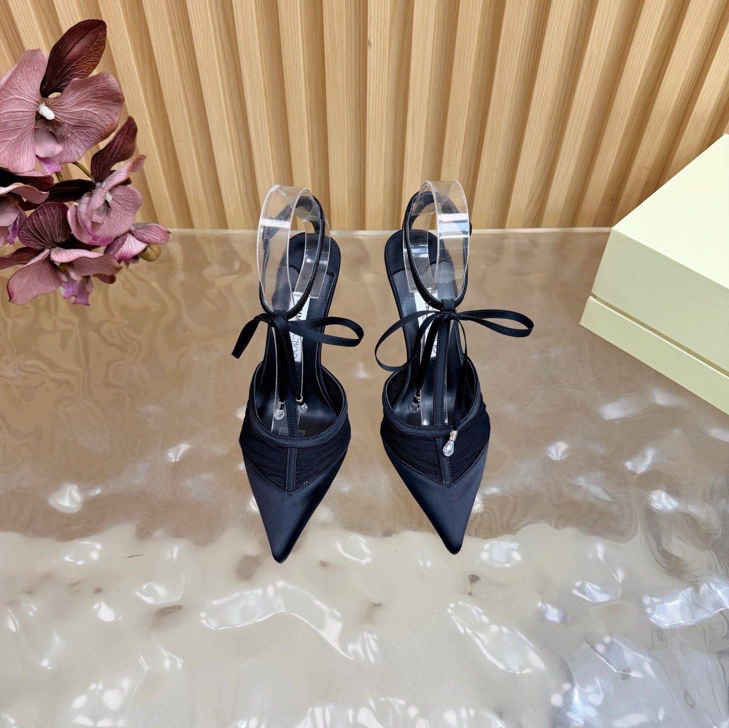 JIMMY CHOO 26S ТУФЛІ НА ШПИЛЬЦІ 105 ММ ІЗ ЧОРНОЇ СІТКИ ТА АТЛАСУ