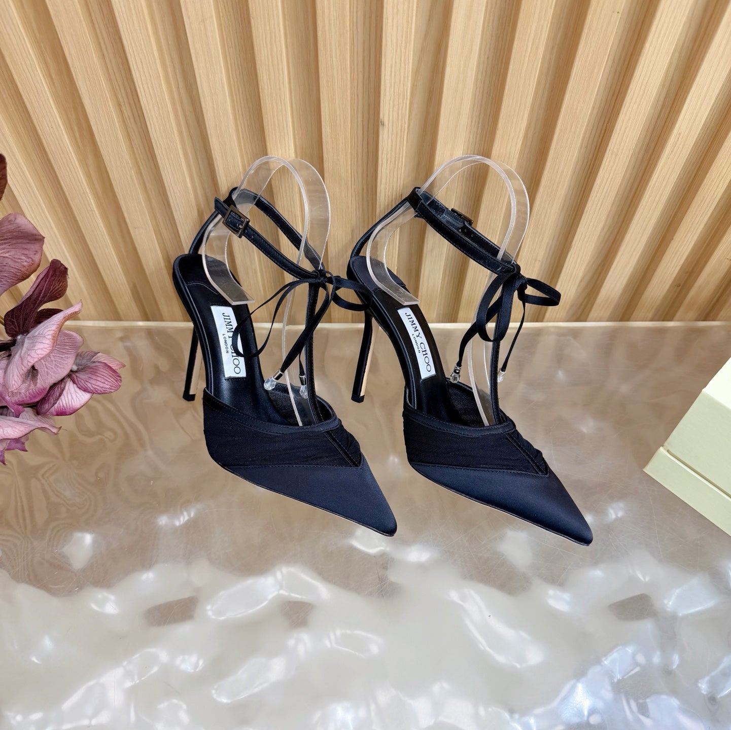 JIMMY CHOO 26S ТУФЛІ НА ШПИЛЬЦІ 105 ММ ІЗ ЧОРНОЇ СІТКИ ТА АТЛАСУ