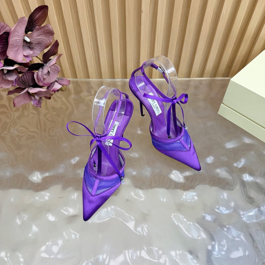 ЖІНОЧІ ТУФЛІ-ЧОВНИКИ JIMMY CHOO 26S НА ВИСОКИХ ПІДБОРАХ 105 ММ З ТЕМНО-ФІОЛЕТОВОЇ СІТКИ ТА АТЛАСУ