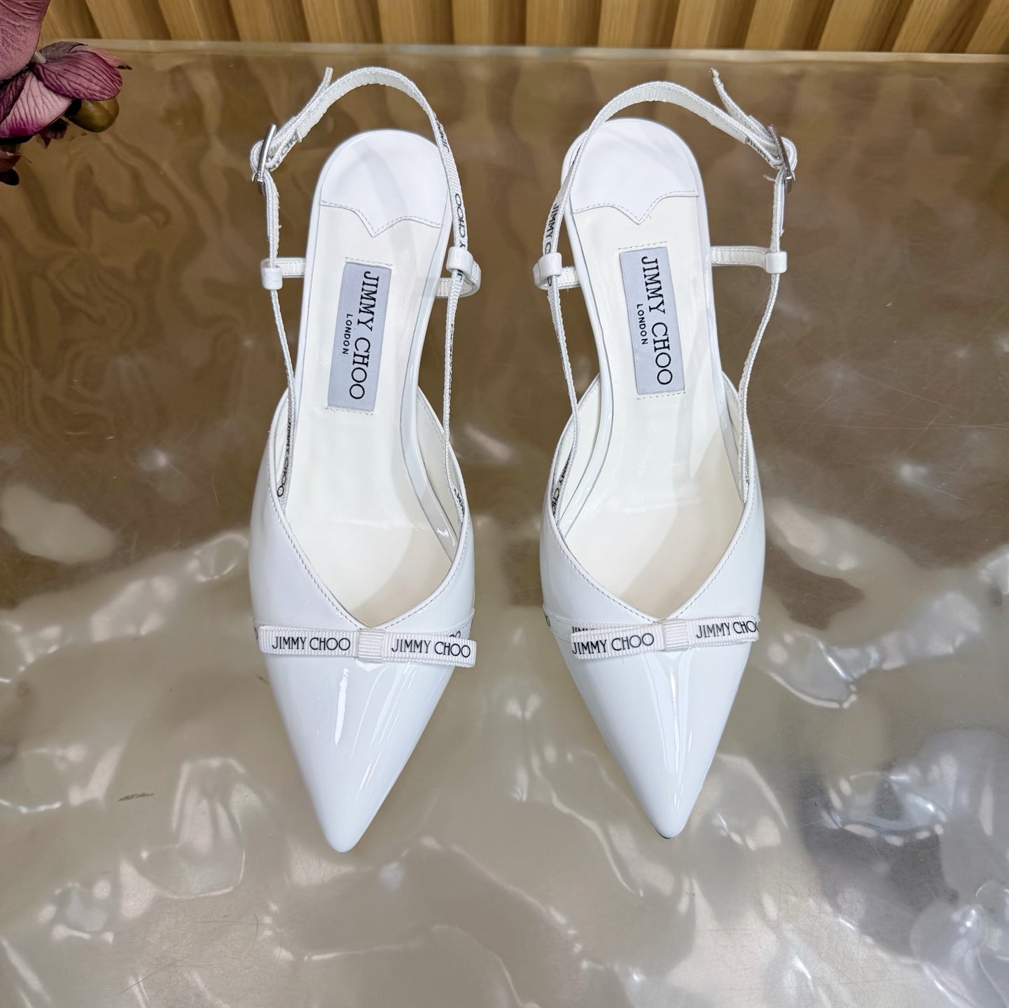 Босоніжки-слінгбеки JIMMY CHOO 26S на підборах 65 мм з білої лакованої телячої шкіри