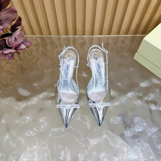 БОСОНІЖКИ JIMMY CHOO 26S НА СЛІНГБЕКІ, КАБЛУК 65 ММ, ІЗ СРІБНОЇ ЛАКОВАНОЇ ТЕЛЯЧОЇ ШКІРИ