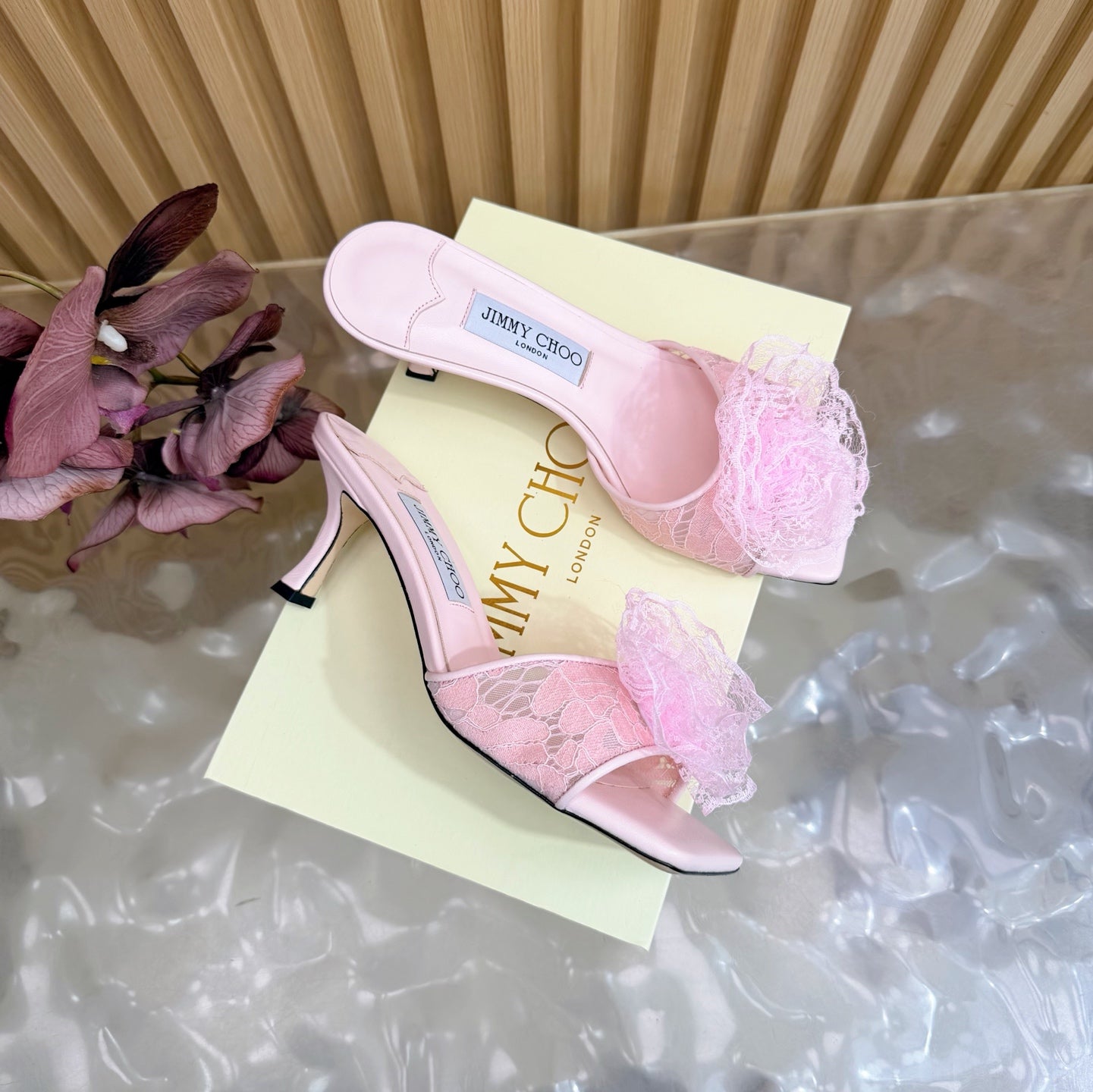БОСОНІЖКИ НА ВИСОКОМУ КАБЛУКУ JIMMY CHOO 26S 65 ММ ЗІ СВІТЛО-РОЖЕВОЮ МЕРЕЖИВНОЮ КВІТКОЮ