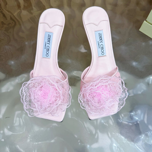 БОСОНІЖКИ НА ВИСОКОМУ КАБЛУКУ JIMMY CHOO 26S 65 ММ ЗІ СВІТЛО-РОЖЕВОЮ МЕРЕЖИВНОЮ КВІТКОЮ