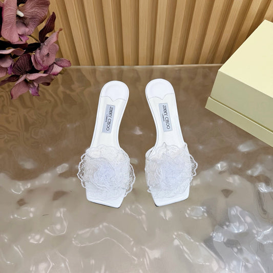 БОСОНІЖКИ НА ВИСОКИХ ПІДБОРАХ JIMMY CHOO 26S, 65 ММ, БІЛЕ МЕРЕЖИВО У ФОРМІ КВІТКИ