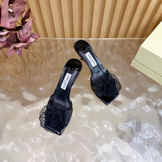 БОСОНІЖКИ JIMMY CHOO НА ВИСОКИХ ПІДБОРАХ 26S 65 ММ З ЧОРНОЇ МЕРЕЖИВНОЇ КВІТКИ