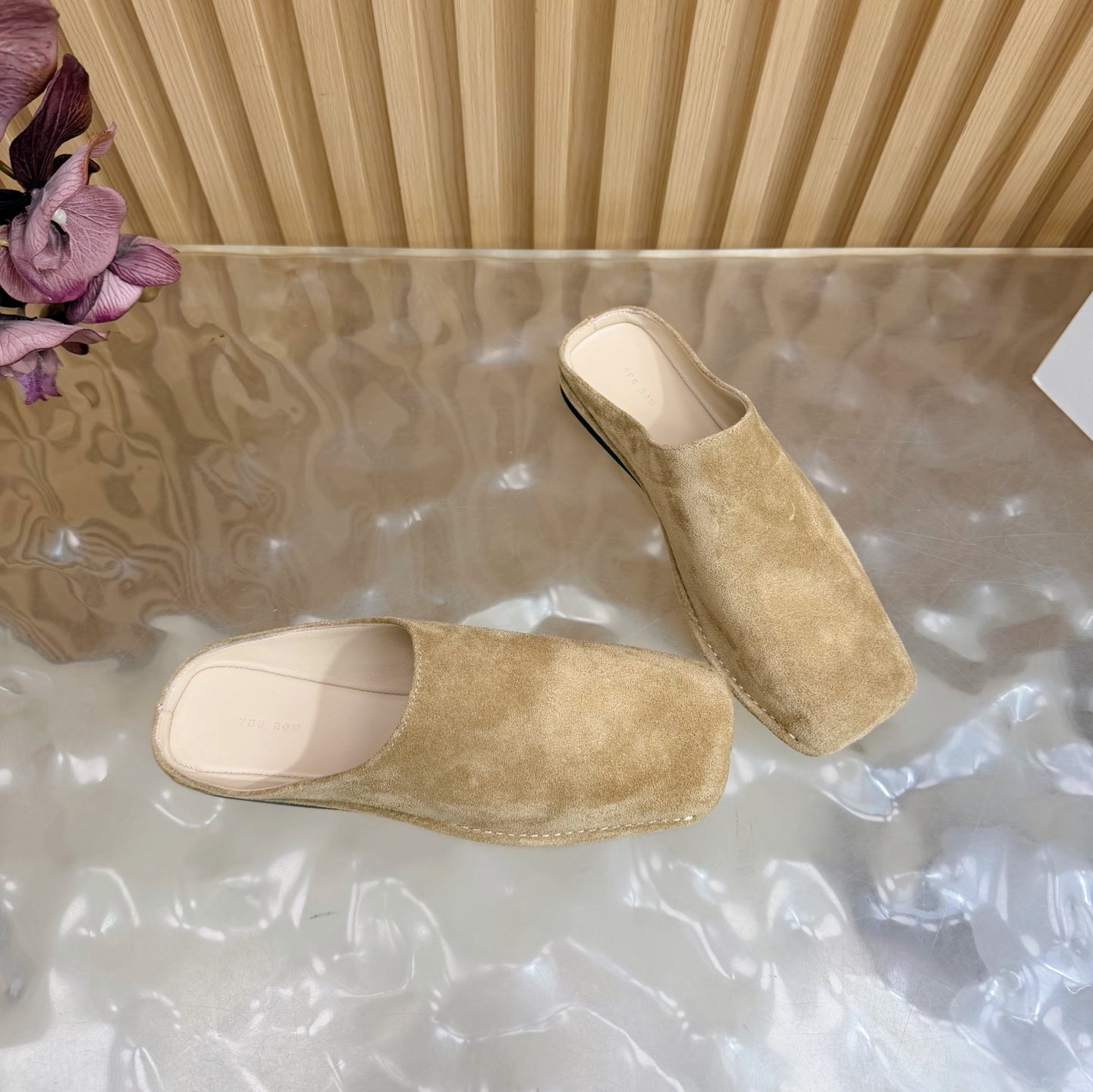 THE ROW 26S SQUARE TOE MULE FLATS IN CAMEL BROWN SUEDE