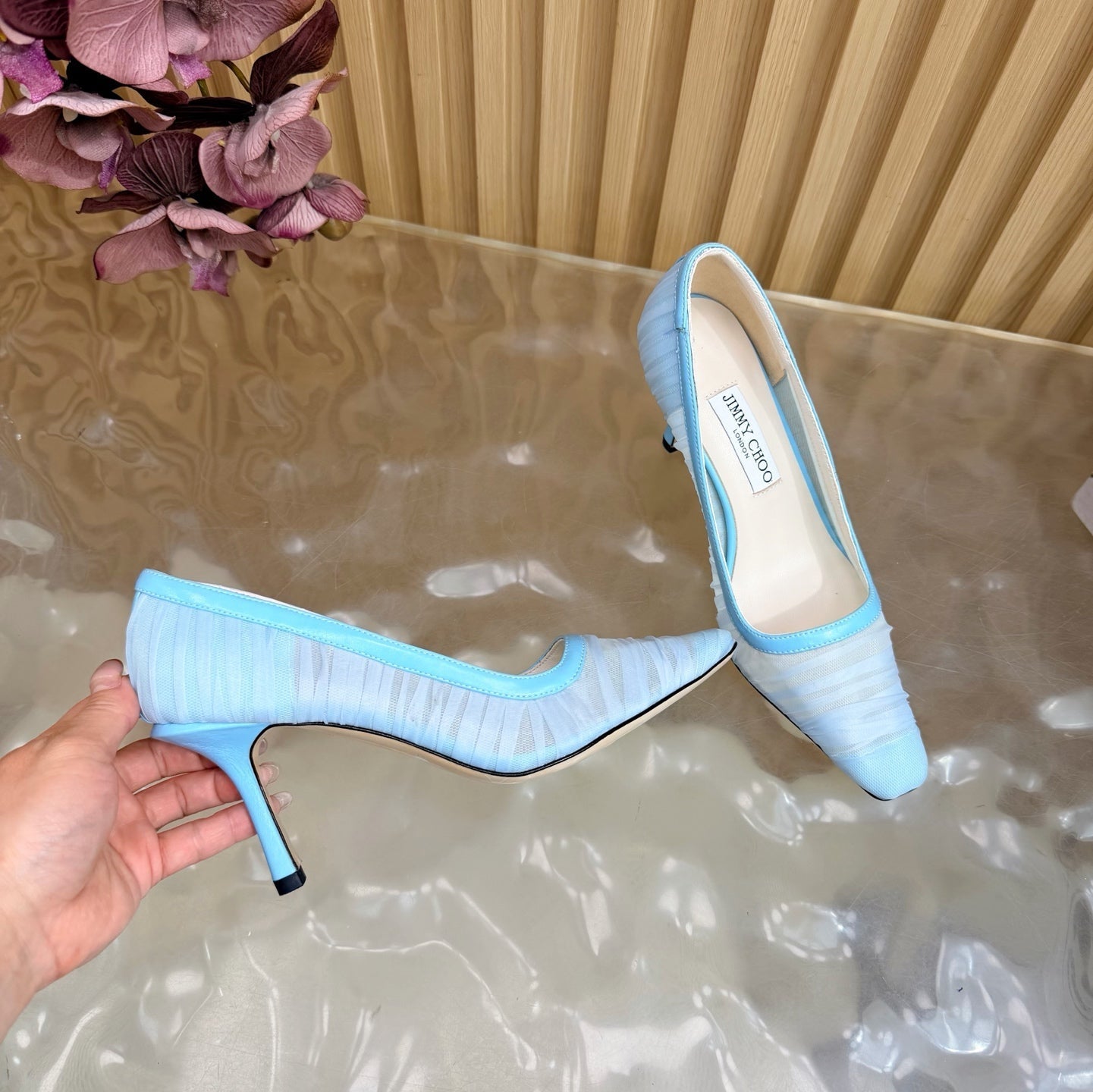 ЖІНОЧІ БОСОНІЖКИ JIMMY CHOO 26S НА ВИСОКИХ ПІДБОРАХ 85 ММ З БЛАКИТНОЇ СІТКИ