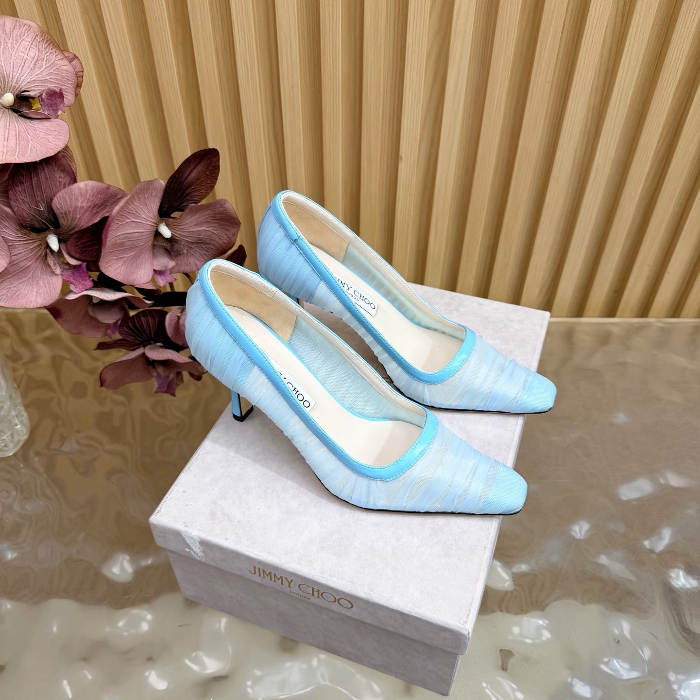 ЖІНОЧІ БОСОНІЖКИ JIMMY CHOO 26S НА ВИСОКИХ ПІДБОРАХ 85 ММ З БЛАКИТНОЇ СІТКИ