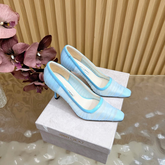 ЖІНОЧІ БОСОНІЖКИ JIMMY CHOO 26S НА ВИСОКИХ ПІДБОРАХ 85 ММ З БЛАКИТНОЇ СІТКИ
