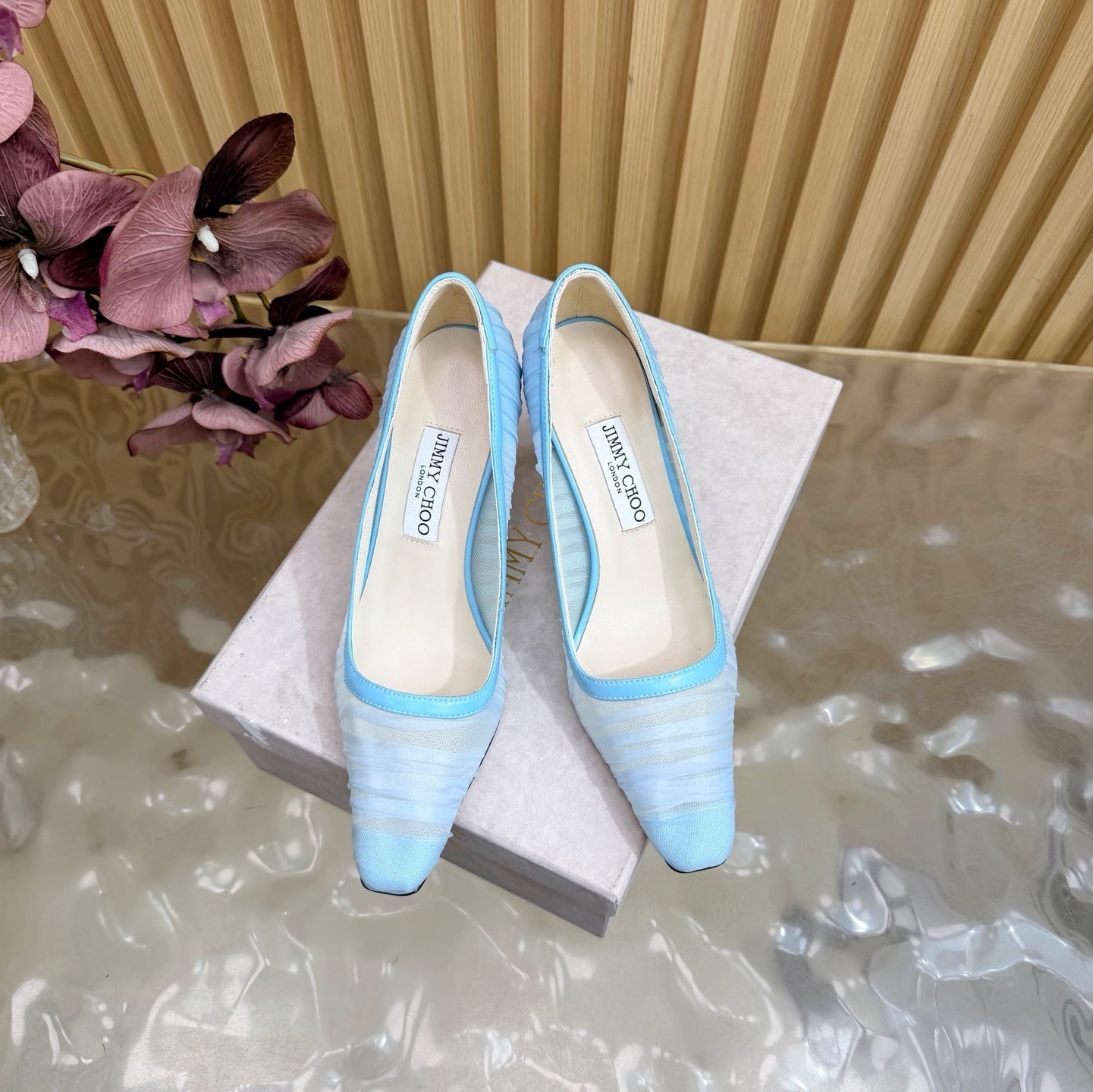 ЖІНОЧІ БОСОНІЖКИ JIMMY CHOO 26S НА ВИСОКИХ ПІДБОРАХ 85 ММ З БЛАКИТНОЇ СІТКИ
