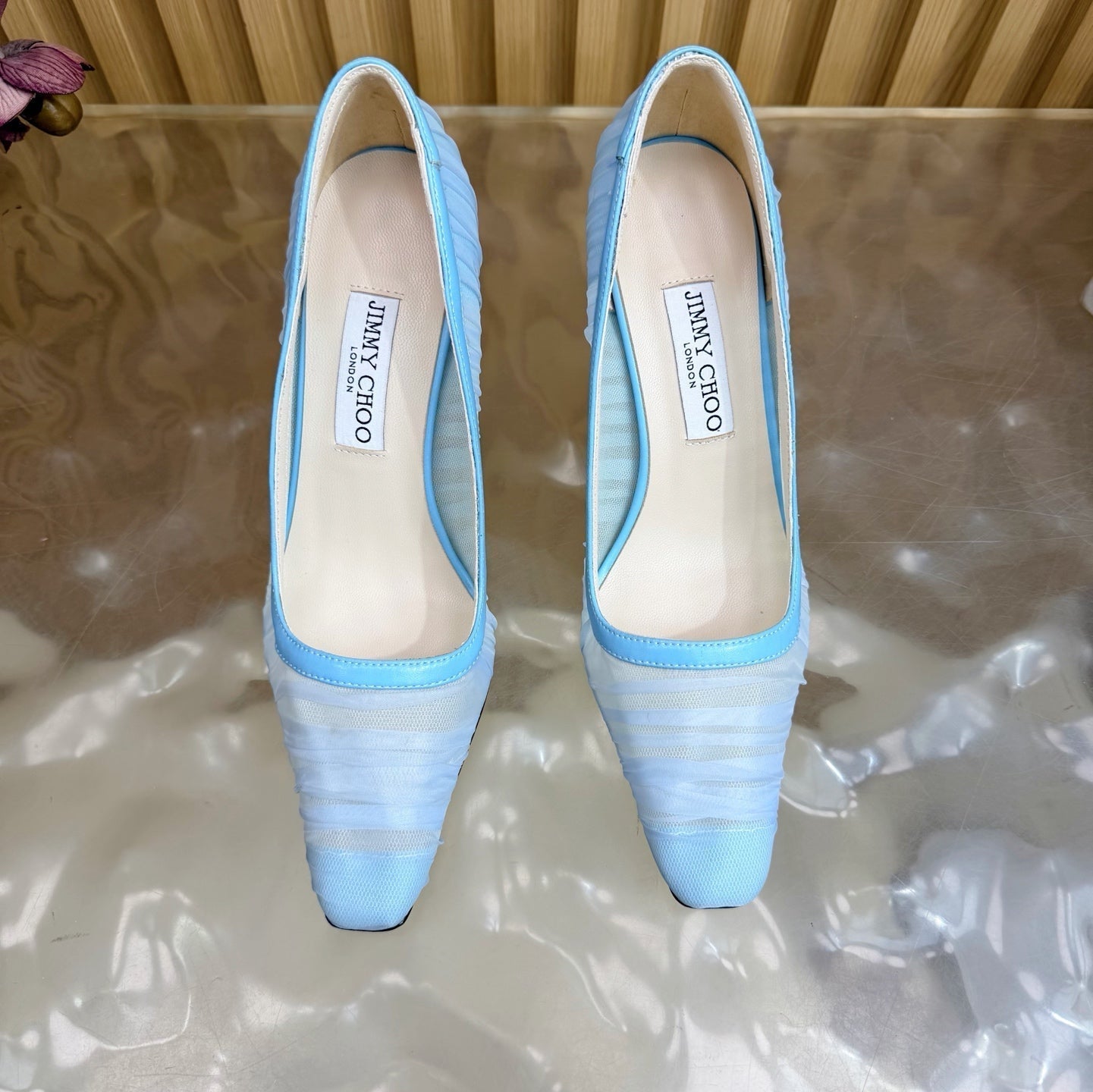 ЖІНОЧІ БОСОНІЖКИ JIMMY CHOO 26S НА ВИСОКИХ ПІДБОРАХ 85 ММ З БЛАКИТНОЇ СІТКИ