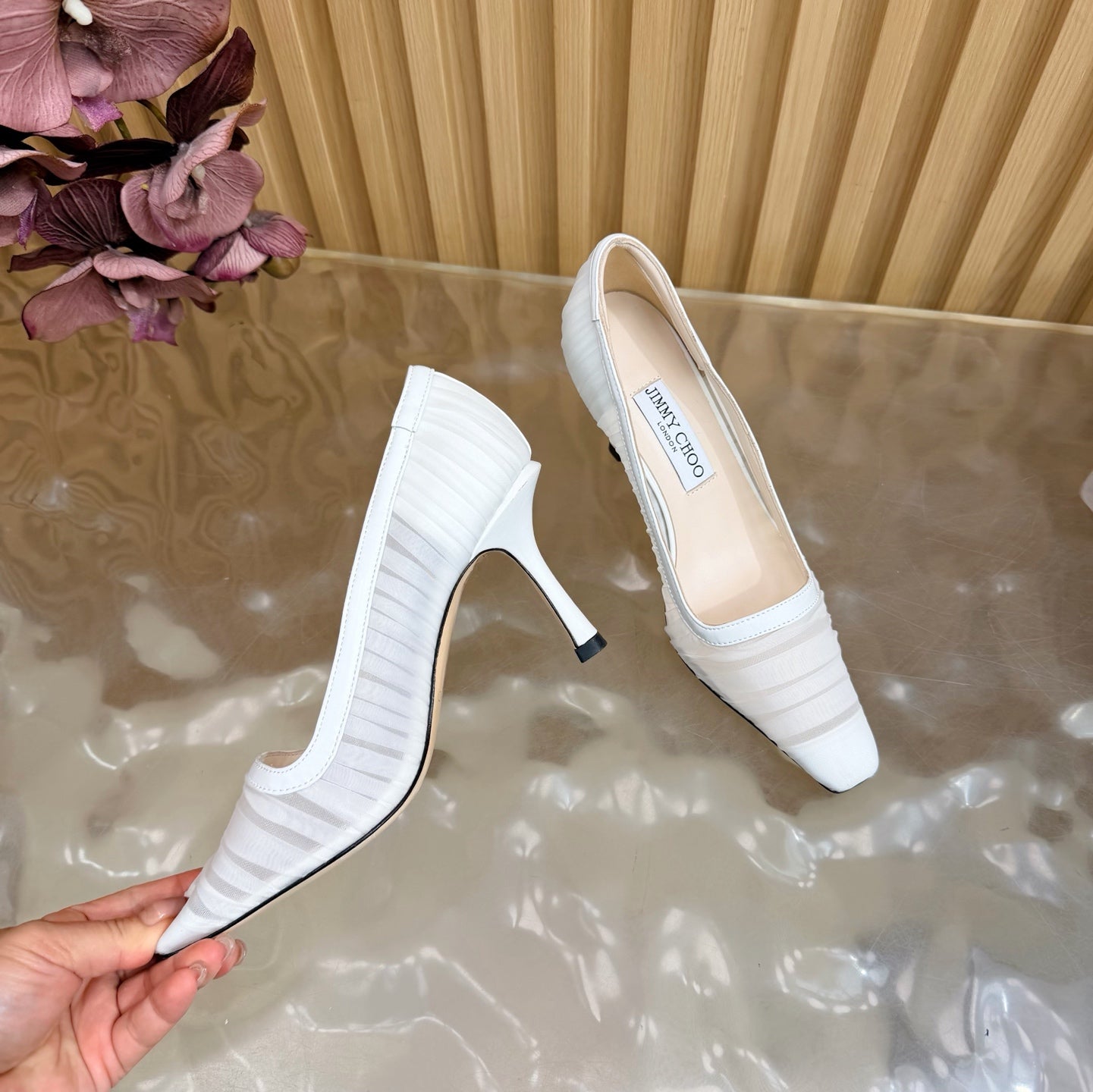 БОСОНІЖКИ JIMMY CHOO 26S НА ВИСОКОМУ КАБЛУКУ 85 ММ З БІЛОЇ СІТКИ