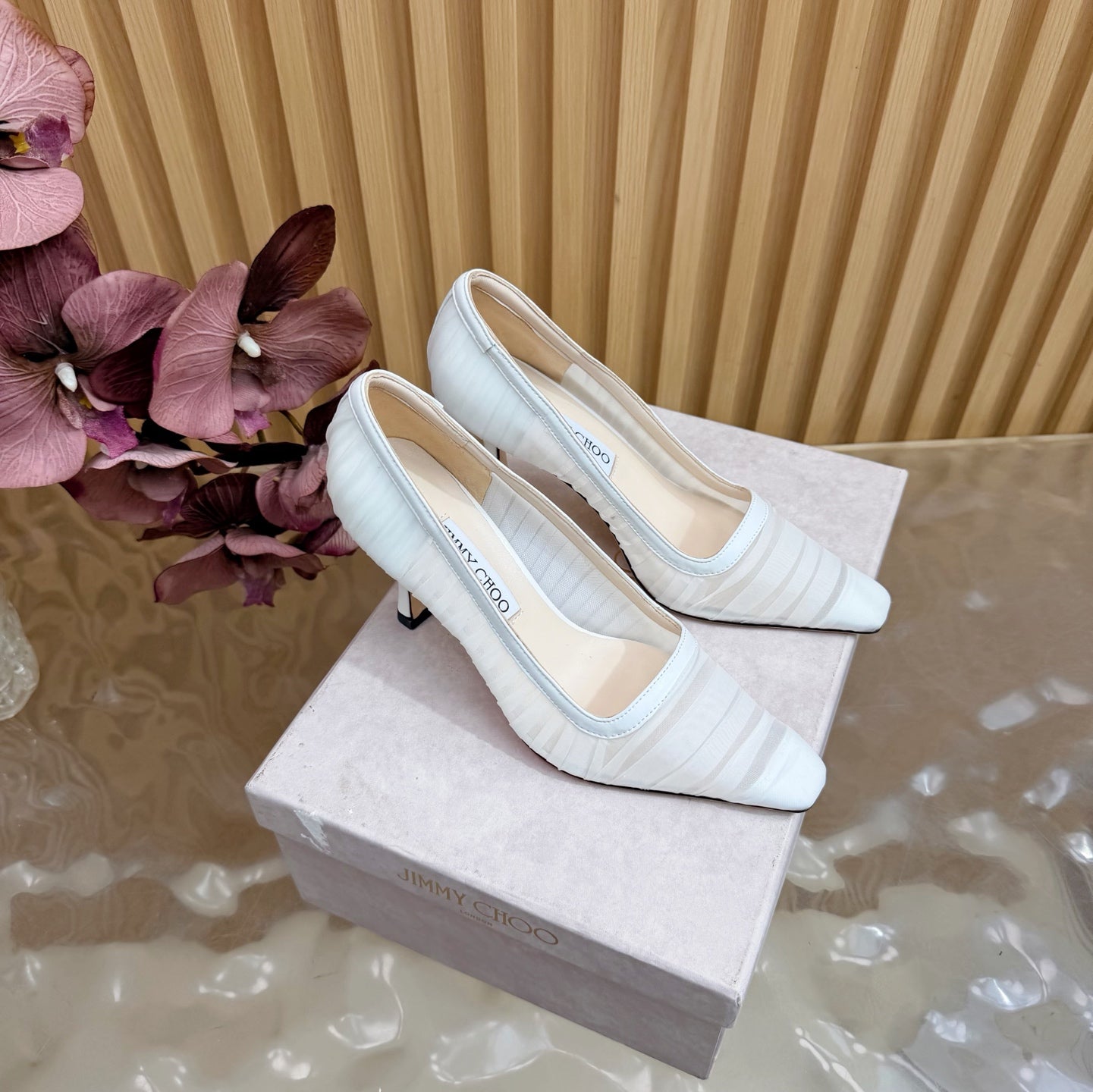 БОСОНІЖКИ JIMMY CHOO 26S НА ВИСОКОМУ КАБЛУКУ 85 ММ З БІЛОЇ СІТКИ