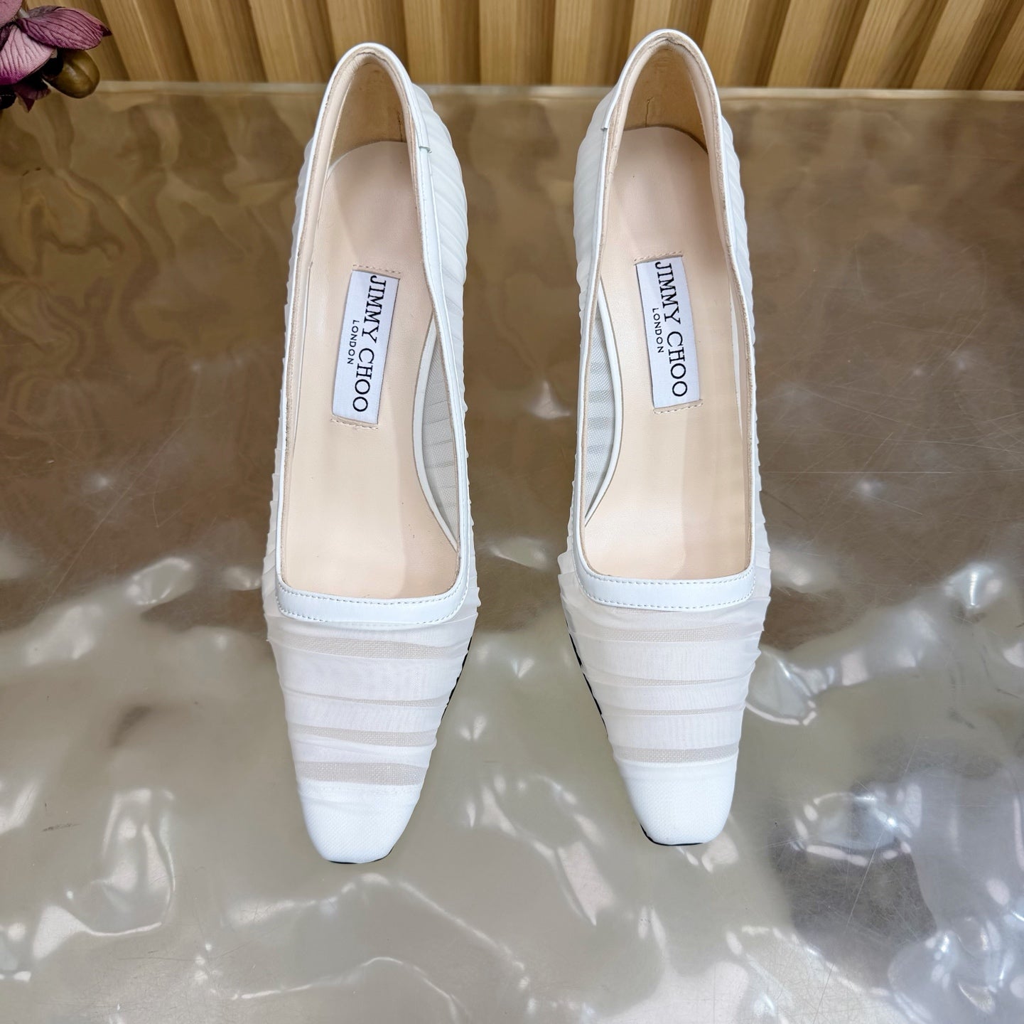 БОСОНІЖКИ JIMMY CHOO 26S НА ВИСОКОМУ КАБЛУКУ 85 ММ З БІЛОЇ СІТКИ