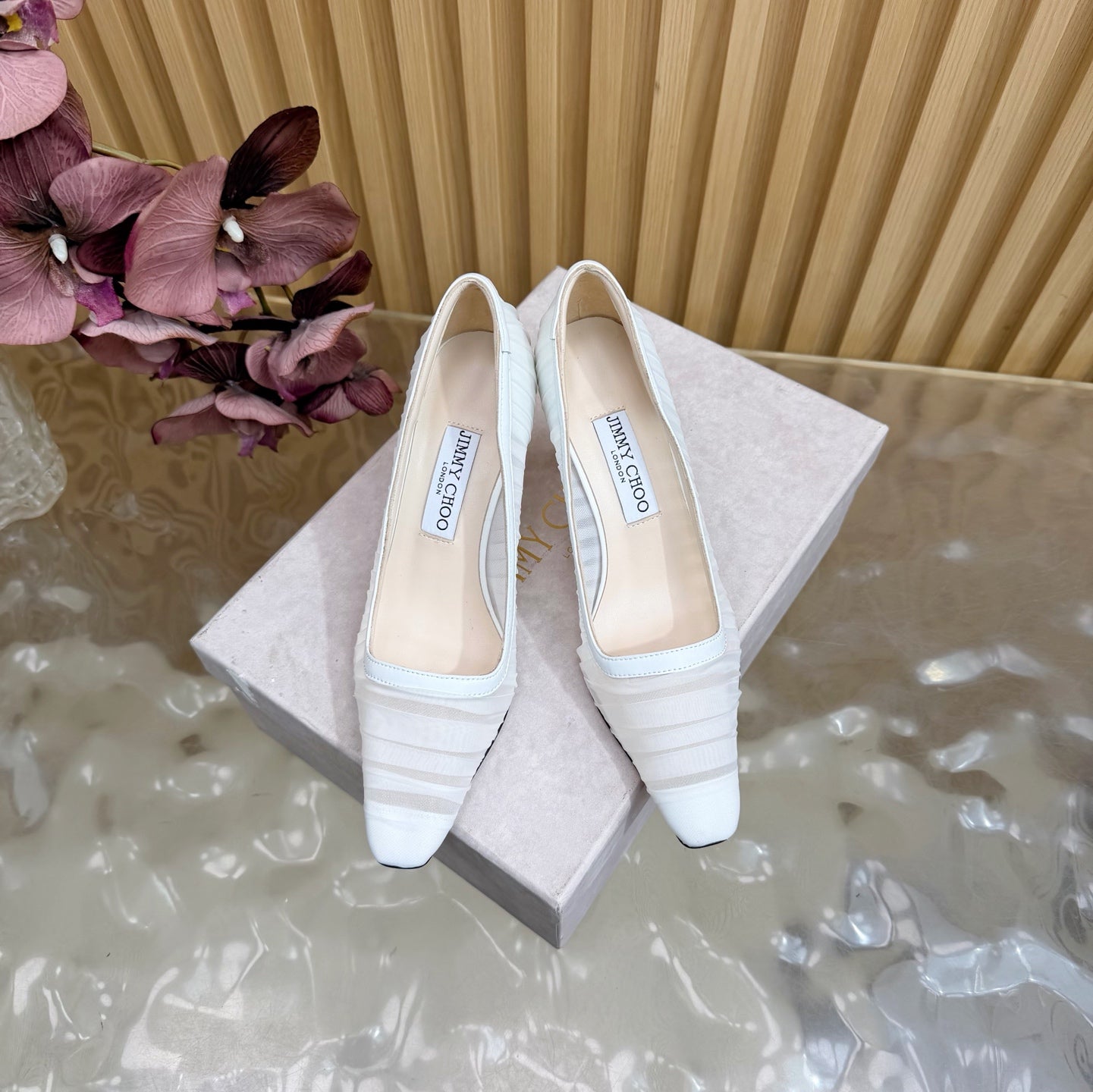 БОСОНІЖКИ JIMMY CHOO 26S НА ВИСОКОМУ КАБЛУКУ 85 ММ З БІЛОЇ СІТКИ