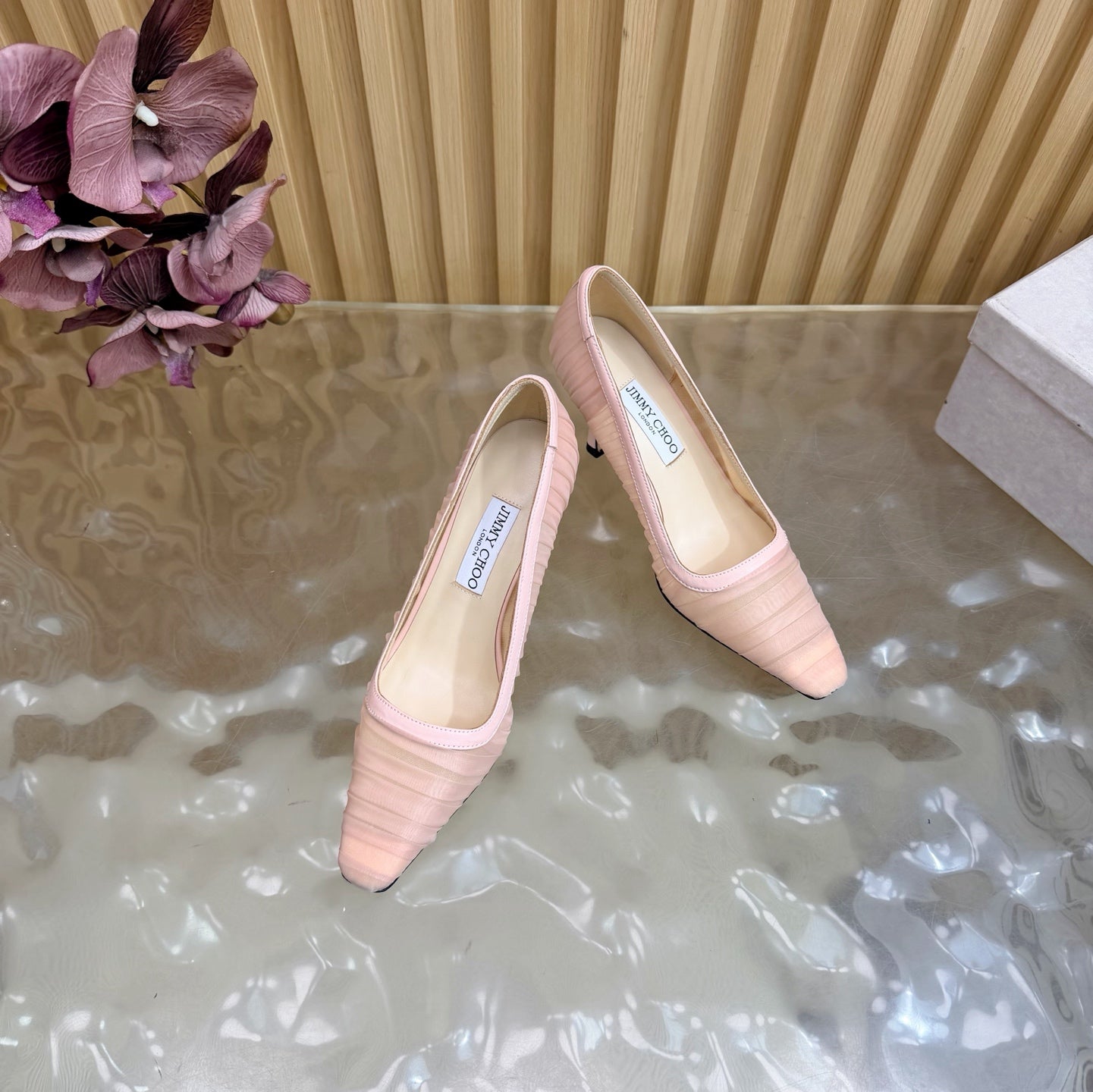 ЖІНОЧІ ТУФЛІ JIMMY CHOO 26S НА ВИСОКИХ ПІДБОРАХ 85 ММ ЗІ СВІТЛО-РОЖЕВОЇ СІТКИ