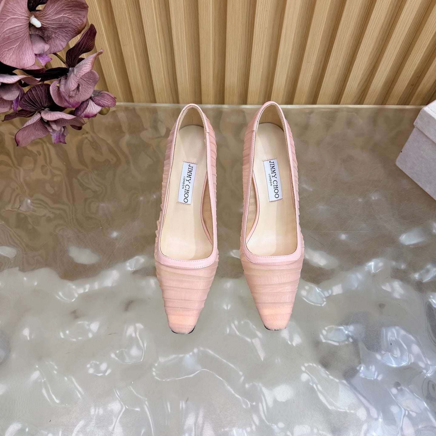 ЖІНОЧІ ТУФЛІ JIMMY CHOO 26S НА ВИСОКИХ ПІДБОРАХ 85 ММ ЗІ СВІТЛО-РОЖЕВОЇ СІТКИ