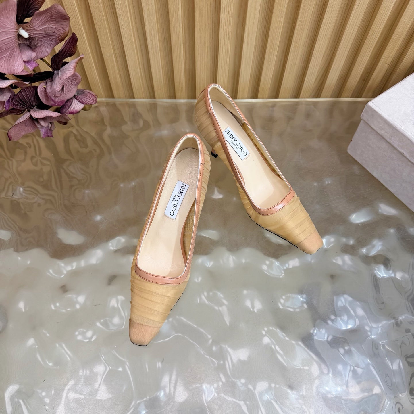 JIMMY CHOO 26S ТУФЛІ НА ВИСОКИХ ПІДБОРАХ 85 ММ З БЕЖЕВОЇ СІТКИ NUDE