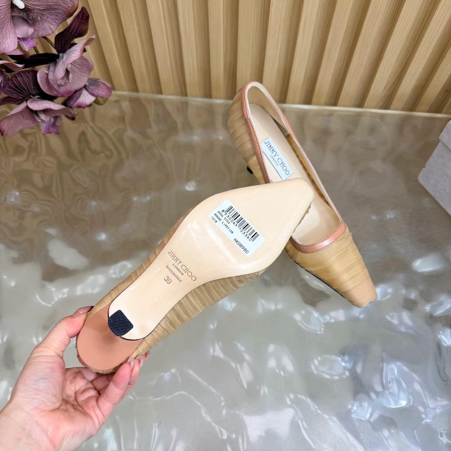 JIMMY CHOO 26S ТУФЛІ НА ВИСОКИХ ПІДБОРАХ 85 ММ З БЕЖЕВОЇ СІТКИ NUDE