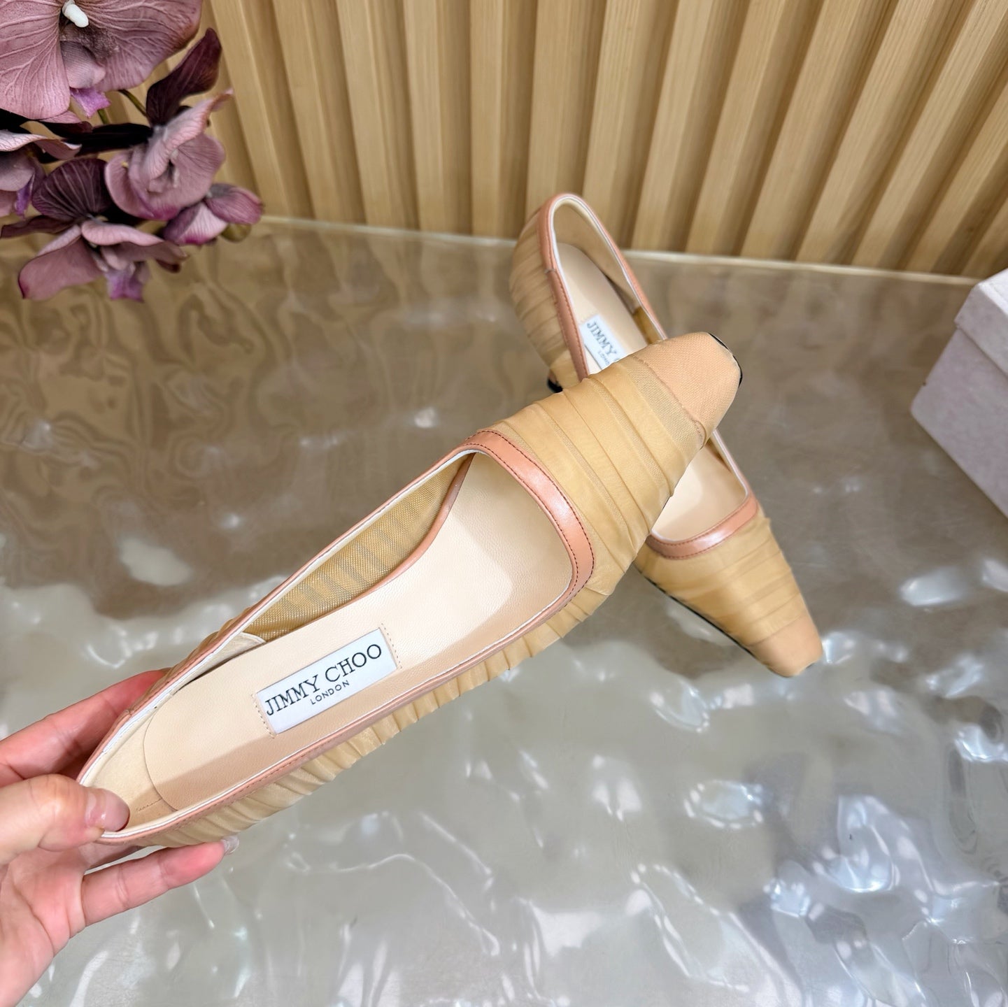 JIMMY CHOO 26S ТУФЛІ НА ВИСОКИХ ПІДБОРАХ 85 ММ З БЕЖЕВОЇ СІТКИ NUDE