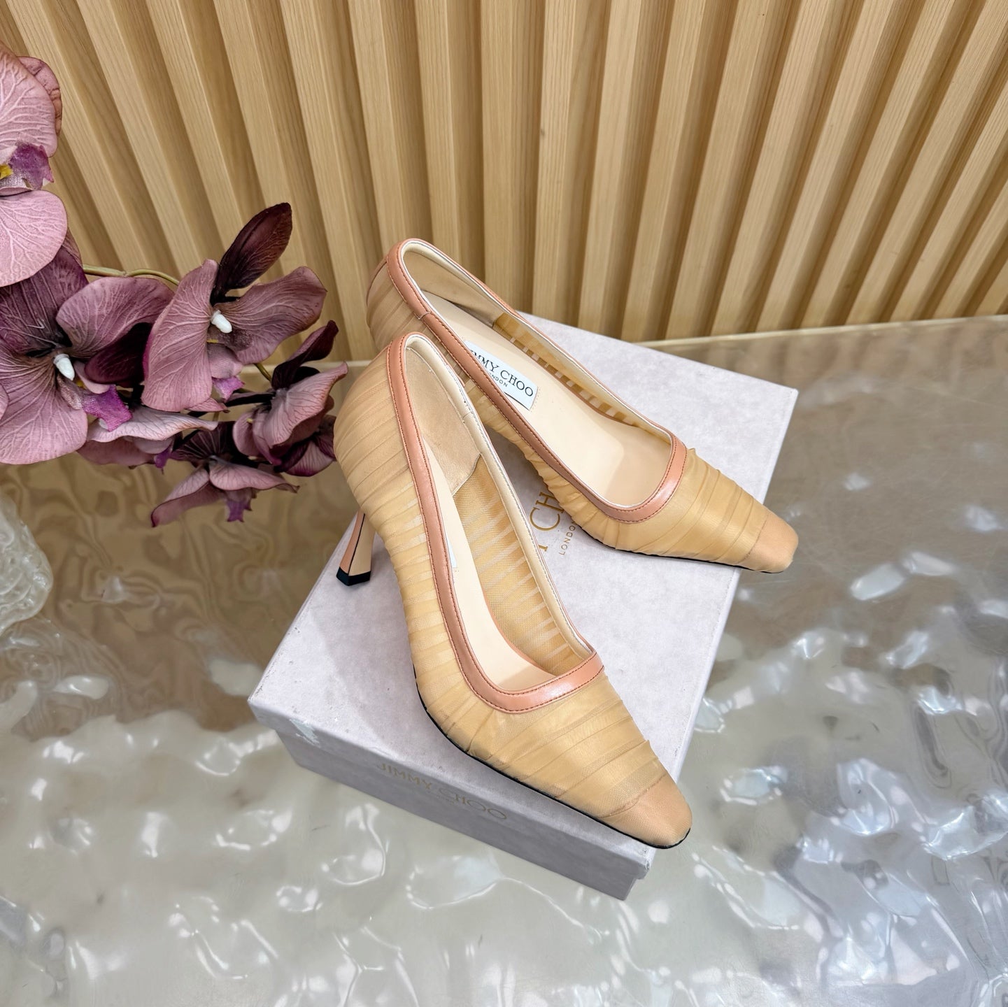 JIMMY CHOO 26S ТУФЛІ НА ВИСОКИХ ПІДБОРАХ 85 ММ З БЕЖЕВОЇ СІТКИ NUDE