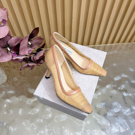 JIMMY CHOO 26S ТУФЛІ НА ВИСОКИХ ПІДБОРАХ 85 ММ З БЕЖЕВОЇ СІТКИ NUDE