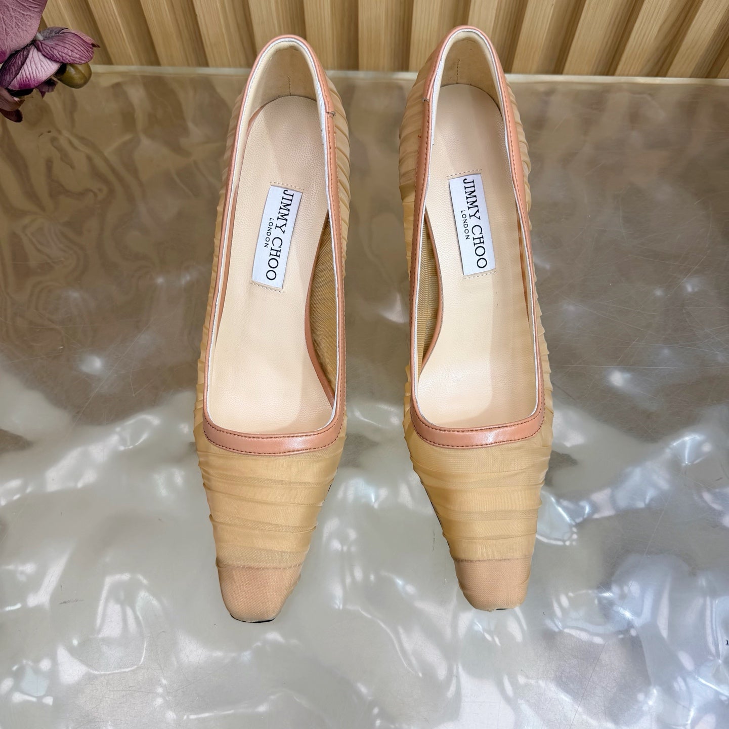 JIMMY CHOO 26S ТУФЛІ НА ВИСОКИХ ПІДБОРАХ 85 ММ З БЕЖЕВОЇ СІТКИ NUDE