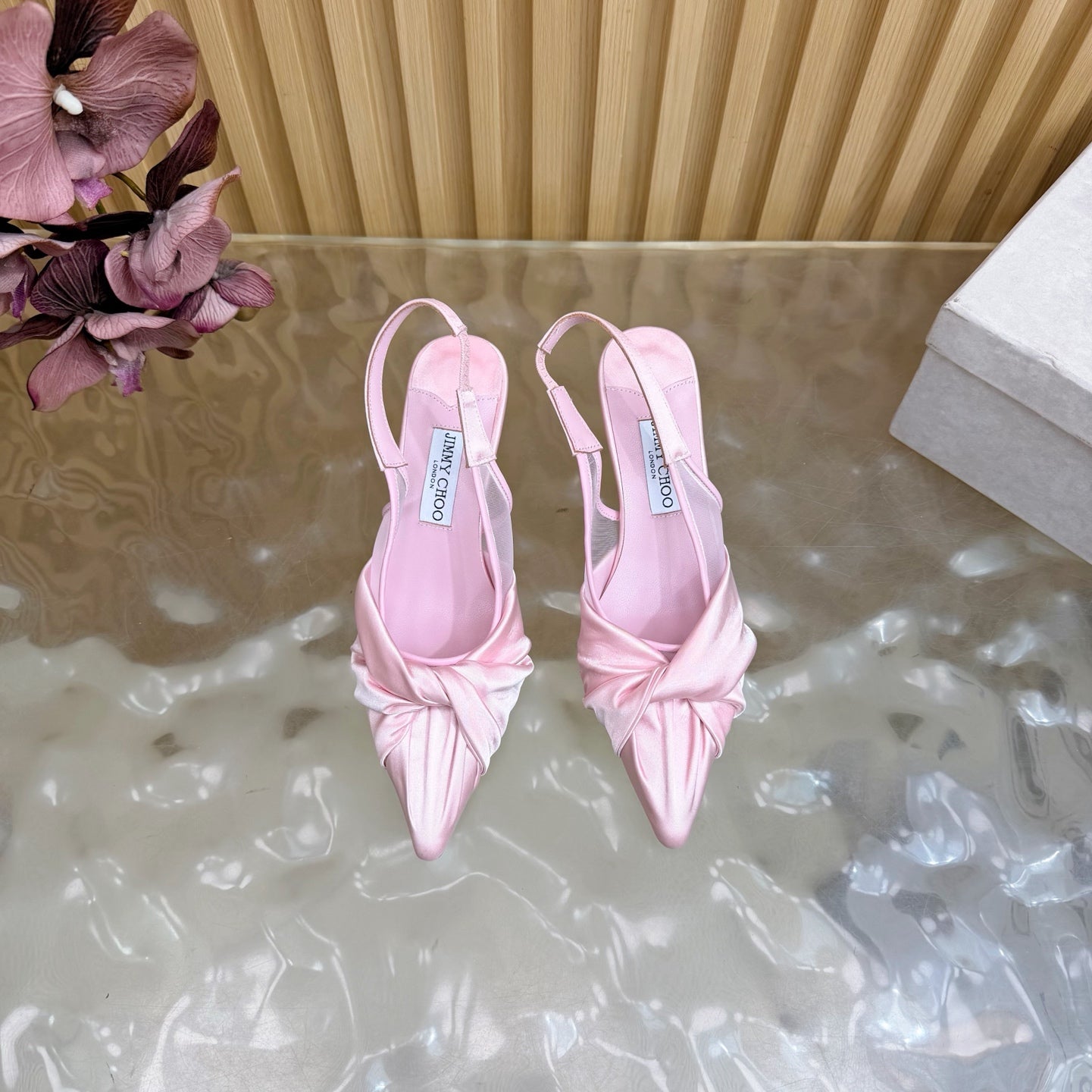 БОСОНІЖКИ JIMMY CHOO 26S СЛІНГБЕК НА ПІДБОРАХ 60 ММ ЗІ СВІТЛО-РОЖЕВОГО АТЛАСУ З ВУЗЛОМ