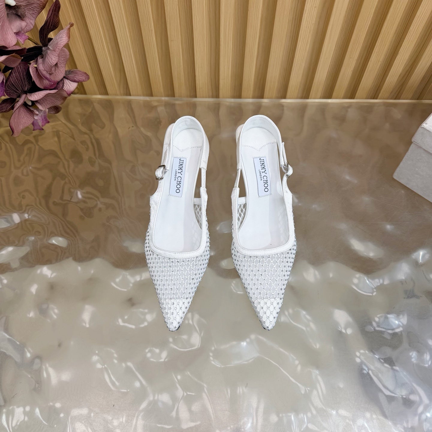 БОСОНІЖКИ JIMMY CHOO 26S НА РЕМІНЦІ 60 ММ ІЗ БІЛОЇ СІТКИ ТА КРИСТАЛІВ