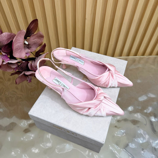 БОСОНІЖКИ JIMMY CHOO 26S СЛІНГБЕК НА ПІДБОРАХ 60 ММ ЗІ СВІТЛО-РОЖЕВОГО АТЛАСУ З ВУЗЛОМ