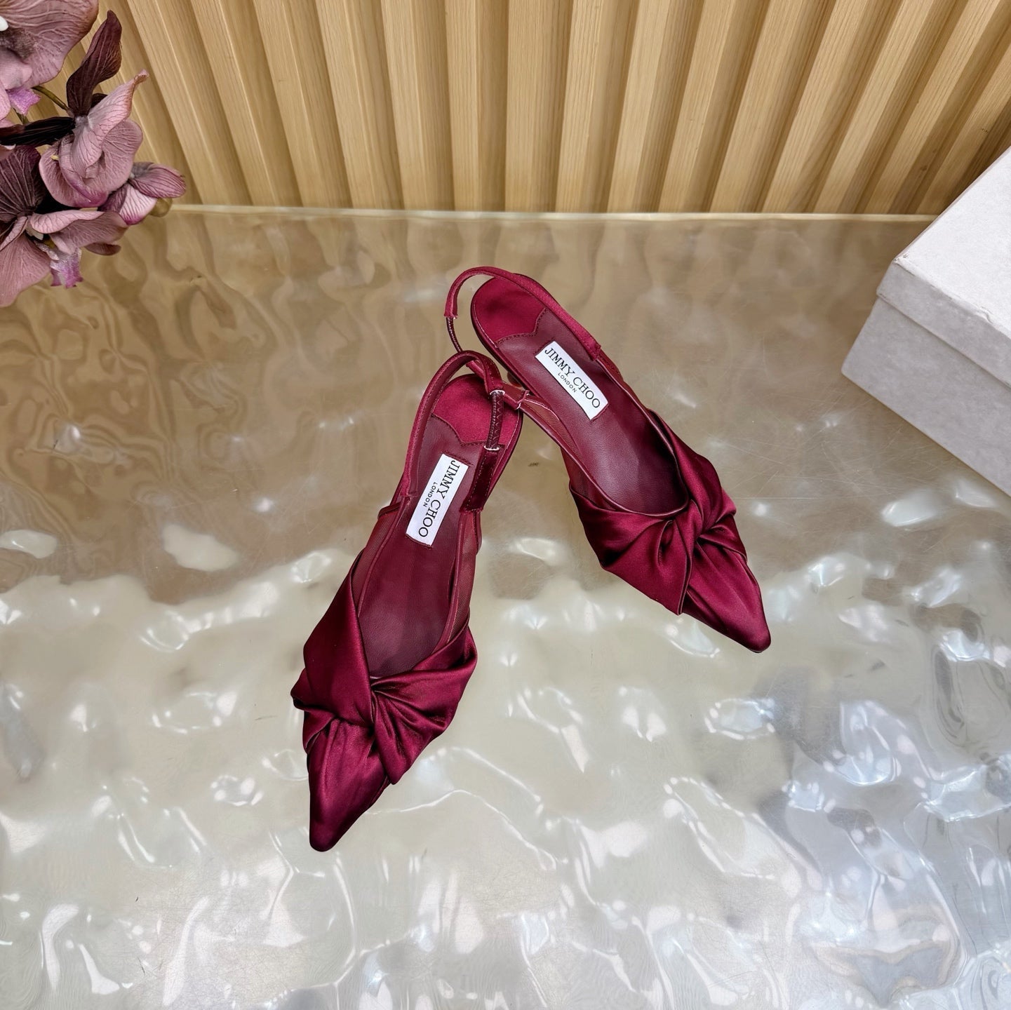 БОСОНІЖКИ JIMMY CHOO 26S СЛІНГБЕК 60 ММ ІЗ ТЕМНО-ЧЕРВОНОГО АТЛАСУ З ВУЗЛИКОМ