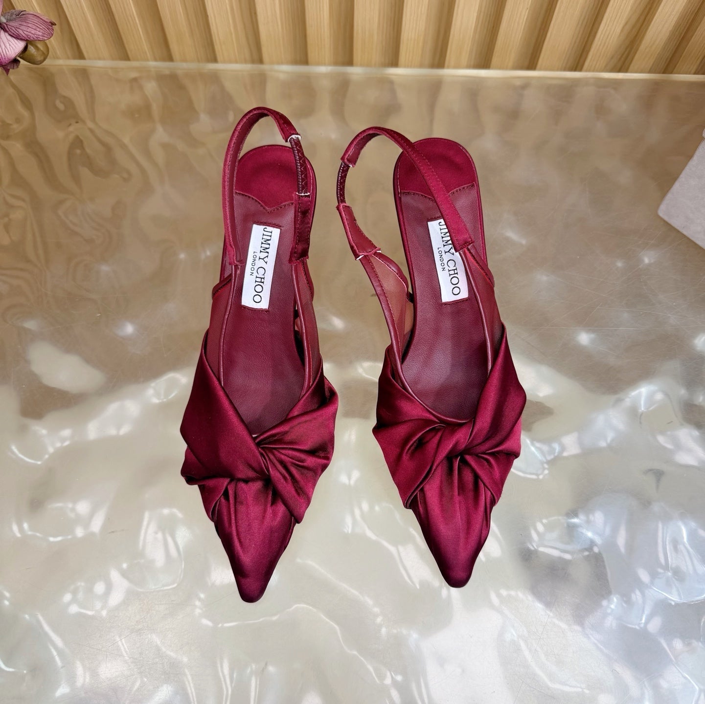 БОСОНІЖКИ JIMMY CHOO 26S СЛІНГБЕК 60 ММ ІЗ ТЕМНО-ЧЕРВОНОГО АТЛАСУ З ВУЗЛИКОМ