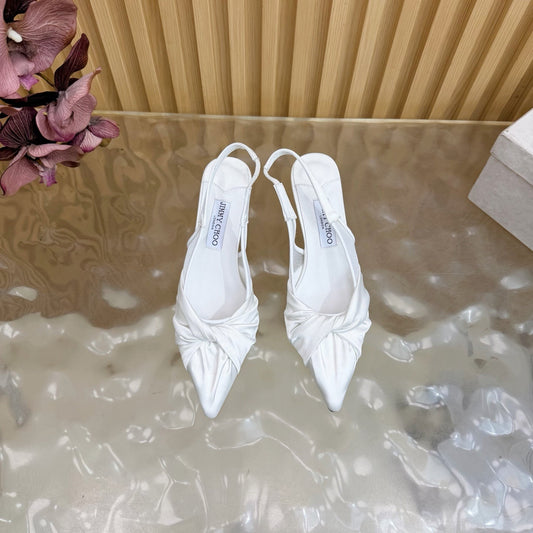 БОСОНІЖКИ JIMMY CHOO 26S НА ПІДБОРАХ 60 ММ З БІЛОГО АТЛАСУ З ДЕТАЛЛЮ У ВИГЛЯДІ ВУЗЛА