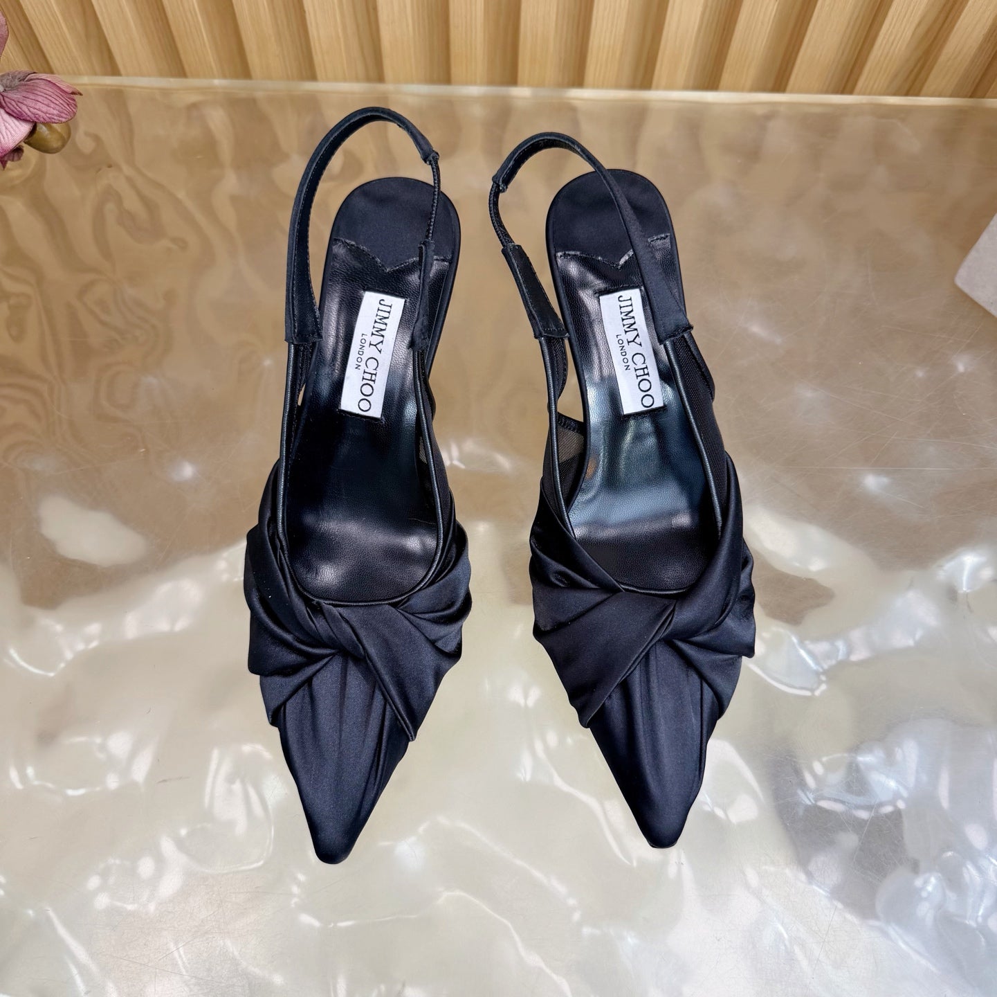 JIMMY CHOO 26S СЛІНГБЕКИ 60 ММ З ЧОРНОГО АТЛАСУ З ВУЗЛОВИМ ДЕТАЛЕМ