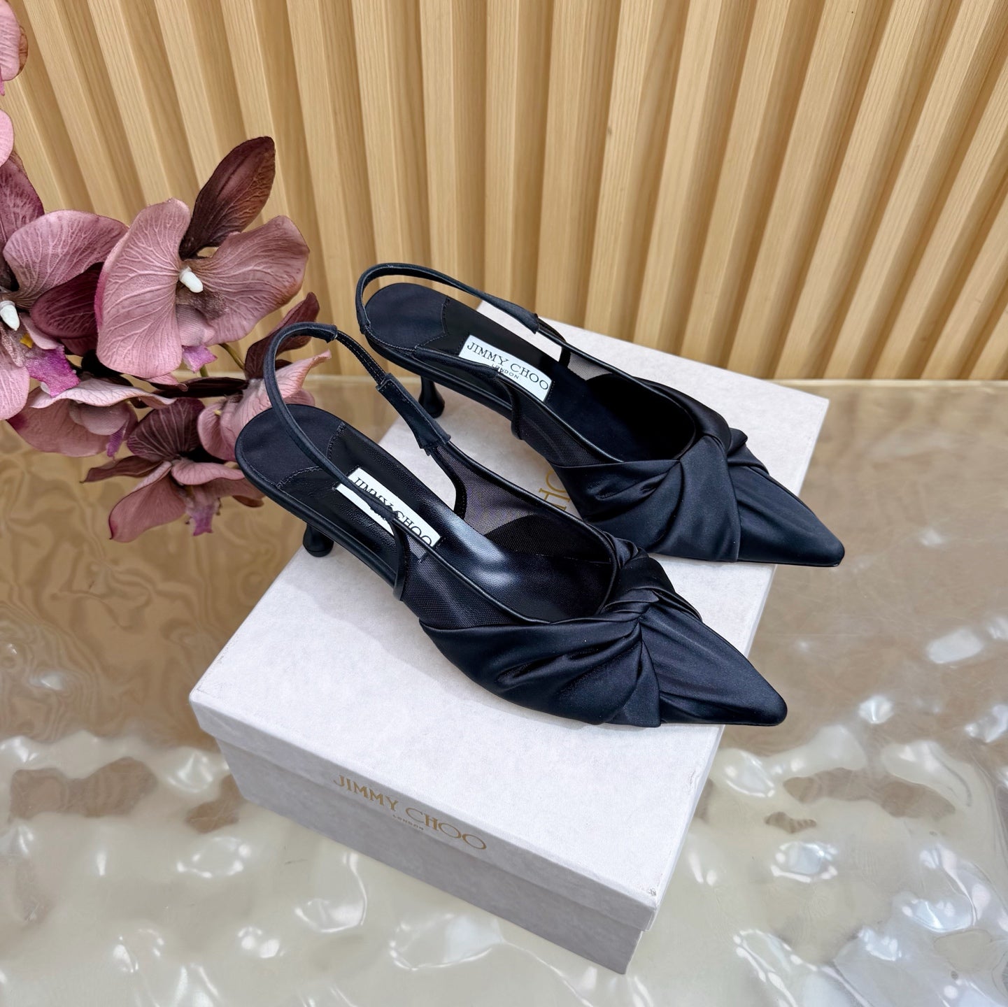 JIMMY CHOO 26S СЛІНГБЕКИ 60 ММ З ЧОРНОГО АТЛАСУ З ВУЗЛОВИМ ДЕТАЛЕМ