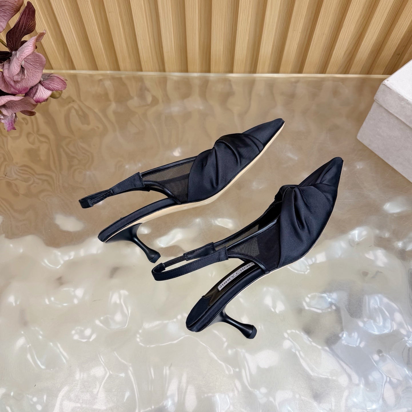 JIMMY CHOO 26S СЛІНГБЕКИ 60 ММ З ЧОРНОГО АТЛАСУ З ВУЗЛОВИМ ДЕТАЛЕМ