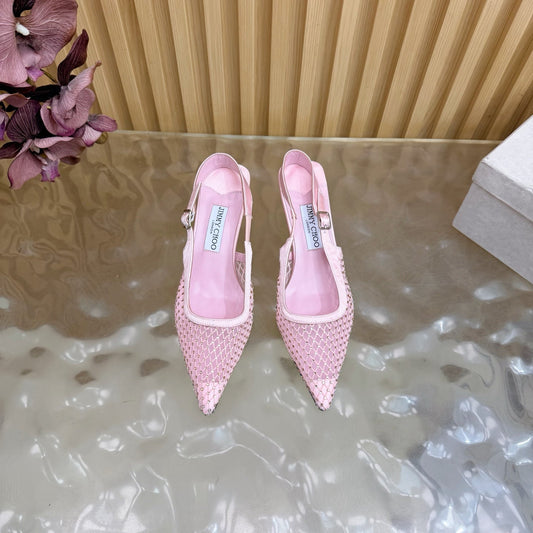 БОСОНІЖКИ JIMMY CHOO 26S НА СЛІНГБЕКІ, 60 ММ, ЗІ СВІТЛО-РОЖЕВОЇ СІТКИ ТА КРИСТАЛІВ