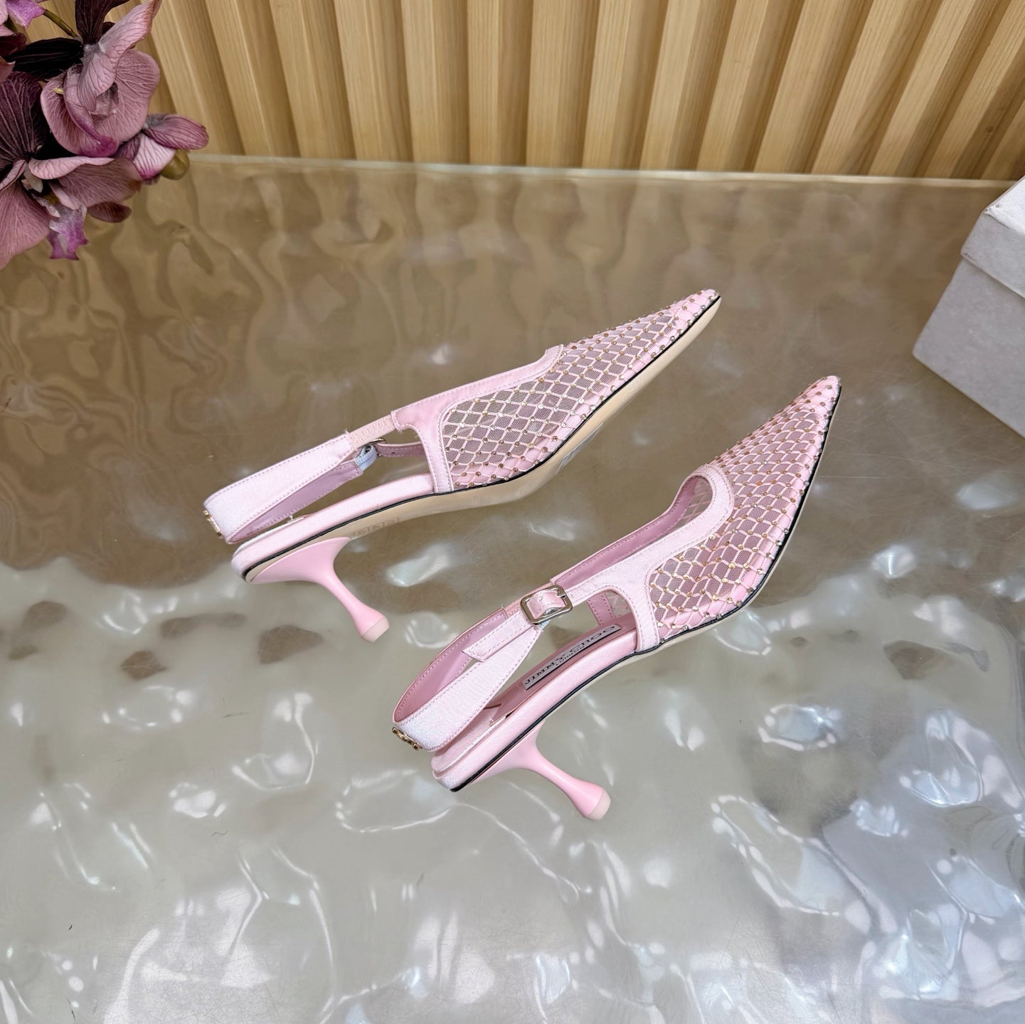 БОСОНІЖКИ JIMMY CHOO 26S НА СЛІНГБЕКІ, 60 ММ, ЗІ СВІТЛО-РОЖЕВОЇ СІТКИ ТА КРИСТАЛІВ