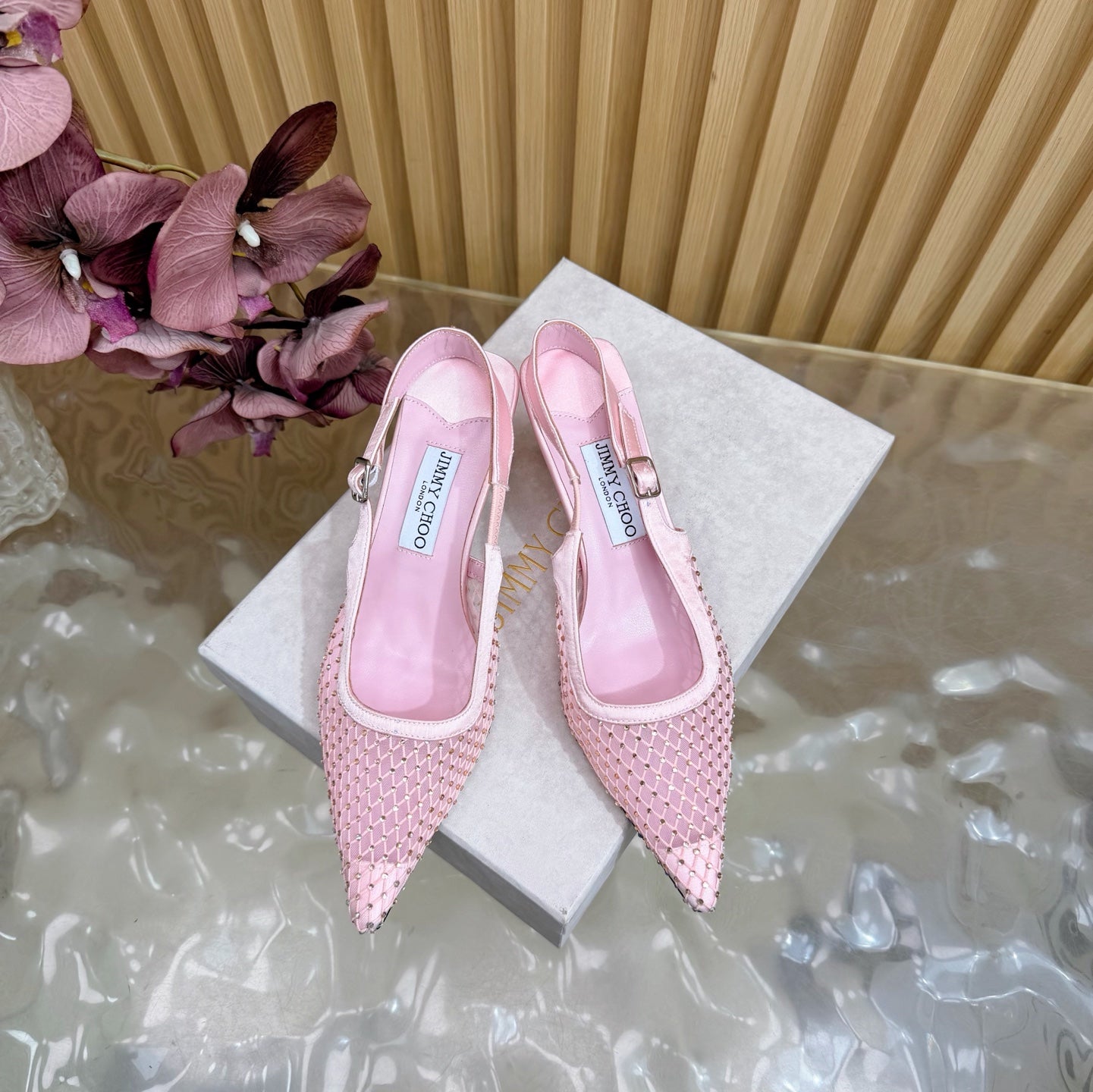 БОСОНІЖКИ JIMMY CHOO 26S НА СЛІНГБЕКІ, 60 ММ, ЗІ СВІТЛО-РОЖЕВОЇ СІТКИ ТА КРИСТАЛІВ