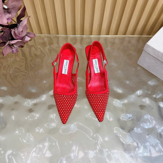 ЖІНОЧІ БОСОНІЖКИ JIMMY CHOO 26S НА ПІДБОРАХ 60 ММ З ЧЕРВОНОЇ СІТКИ ТА КРИСТАЛІВ