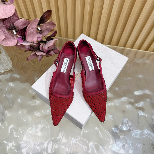 JIMMY CHOO 26S СЛІНГБЕКИ 60 ММ З ТЕМНО-ЧЕРВОНОЇ СІТКИ ТА КРИСТАЛІВ