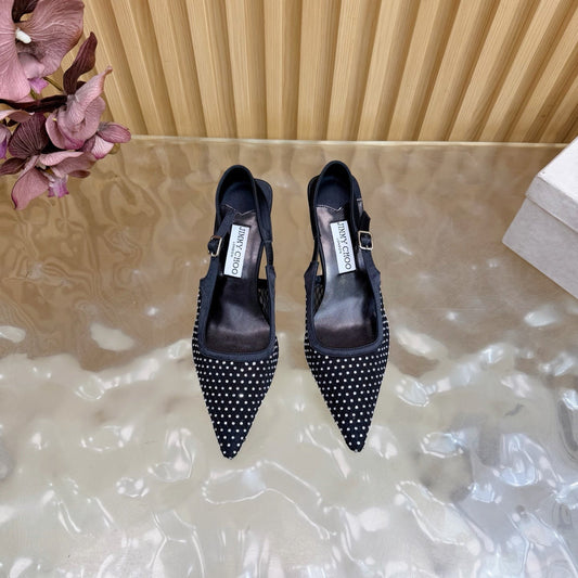 БОСОНІЖКИ-СЛІНГБЕКИ JIMMY CHOO 26S НА ПІДБОРАХ 60 ММ ІЗ ЧОРНОЇ СІТКИ ТА КРИСТАЛІВ