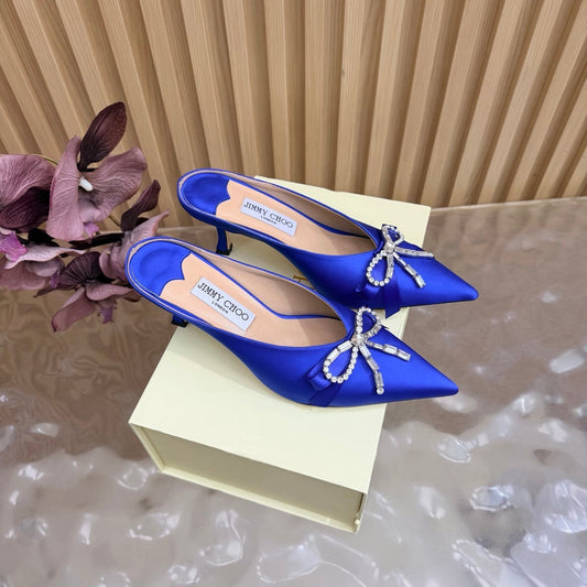 БОСОНІЖКИ JIMMY CHOO 26S НА ВИСОКИХ ПІДБОРАХ 65 ММ З САТИНУ ТЕМНО-СИНЬОГО КОЛЬОРУ З БАНТОМ ЗІ СТРАЗ