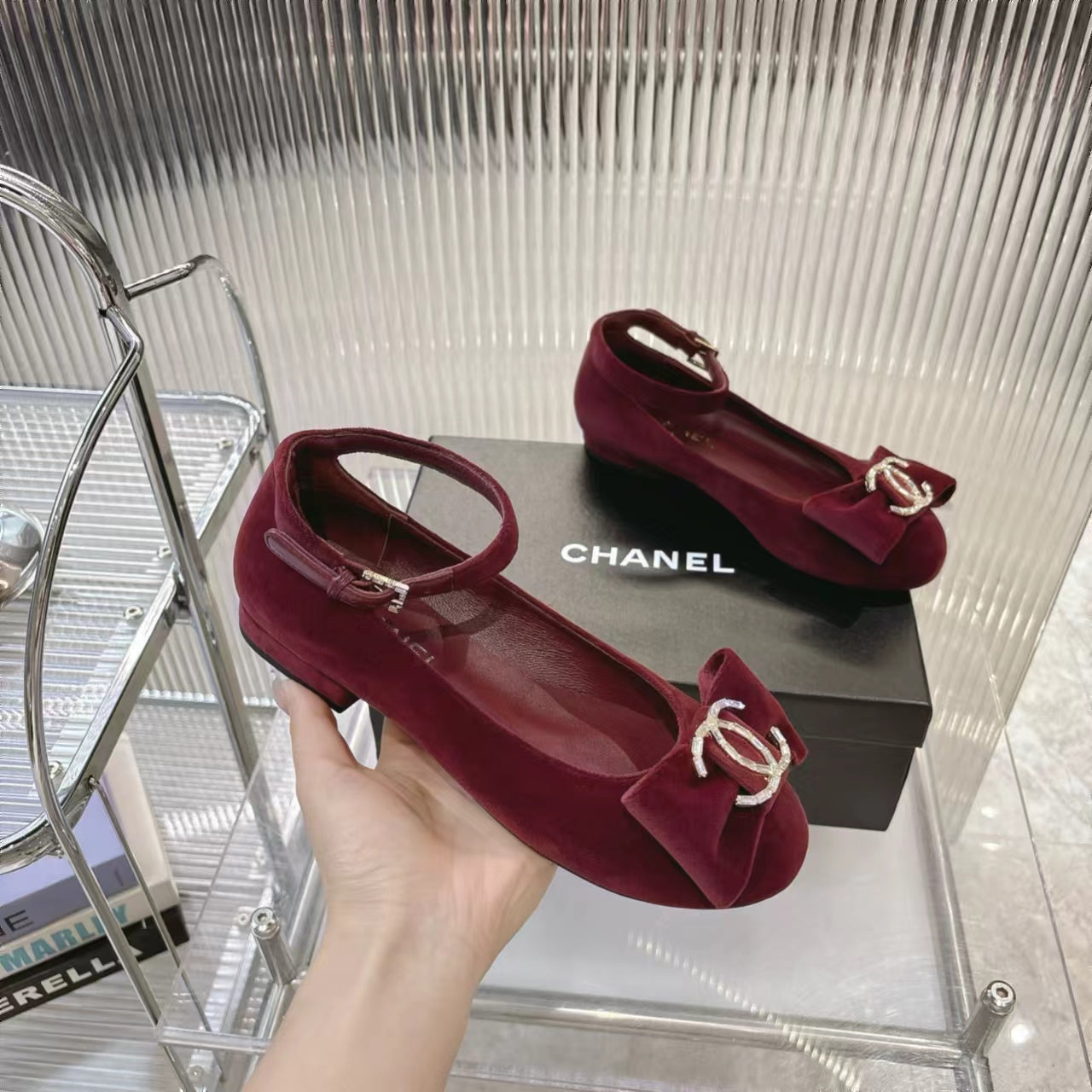 BOW MARY JANE SHOES IN GARNET RED VELVET - 35